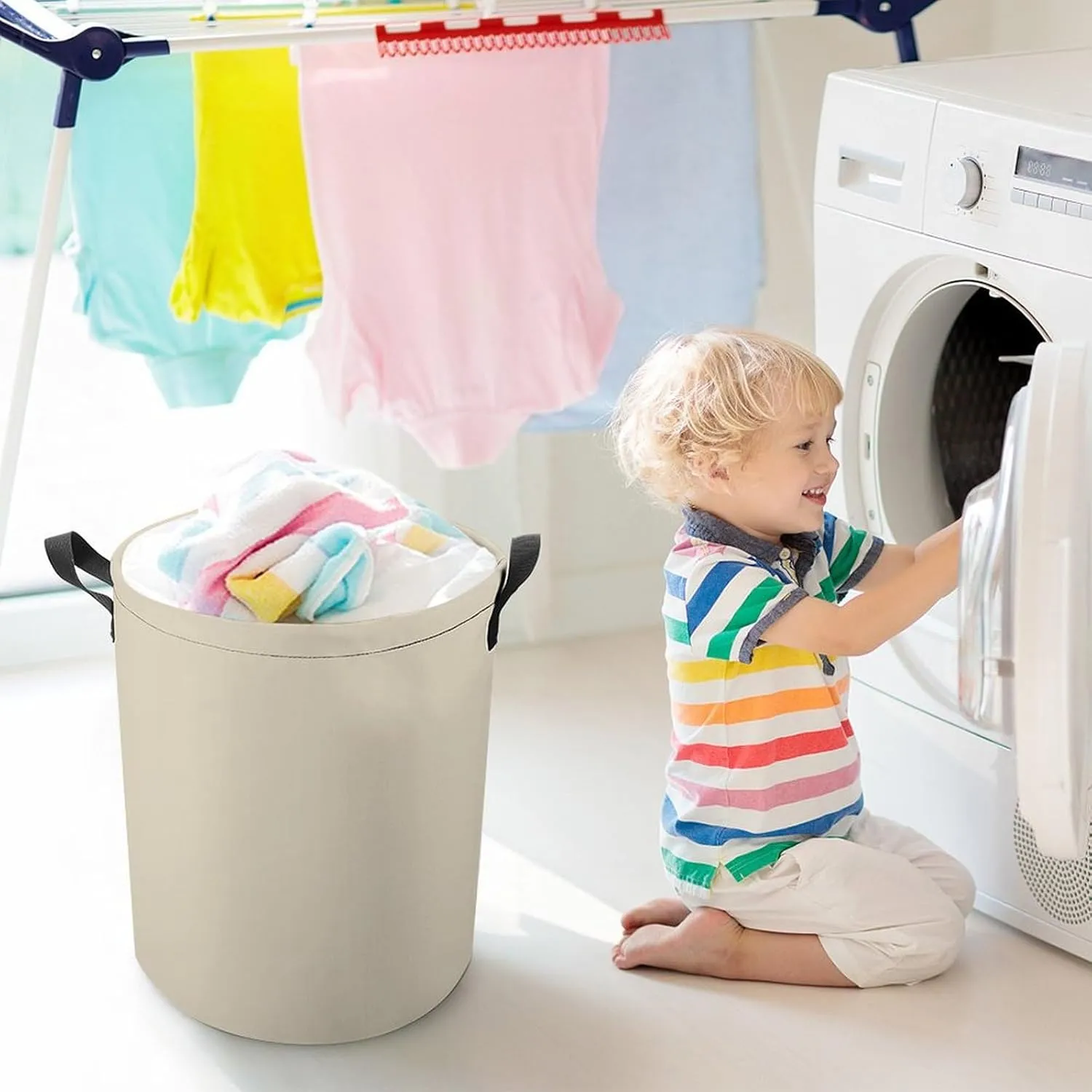 Large Laundry Hamper Bag, Beige Solid Color Elegant Modern Collapsible Laundry Basket Dirty Clothes Washing Bin for College Dorm, Family Essentials