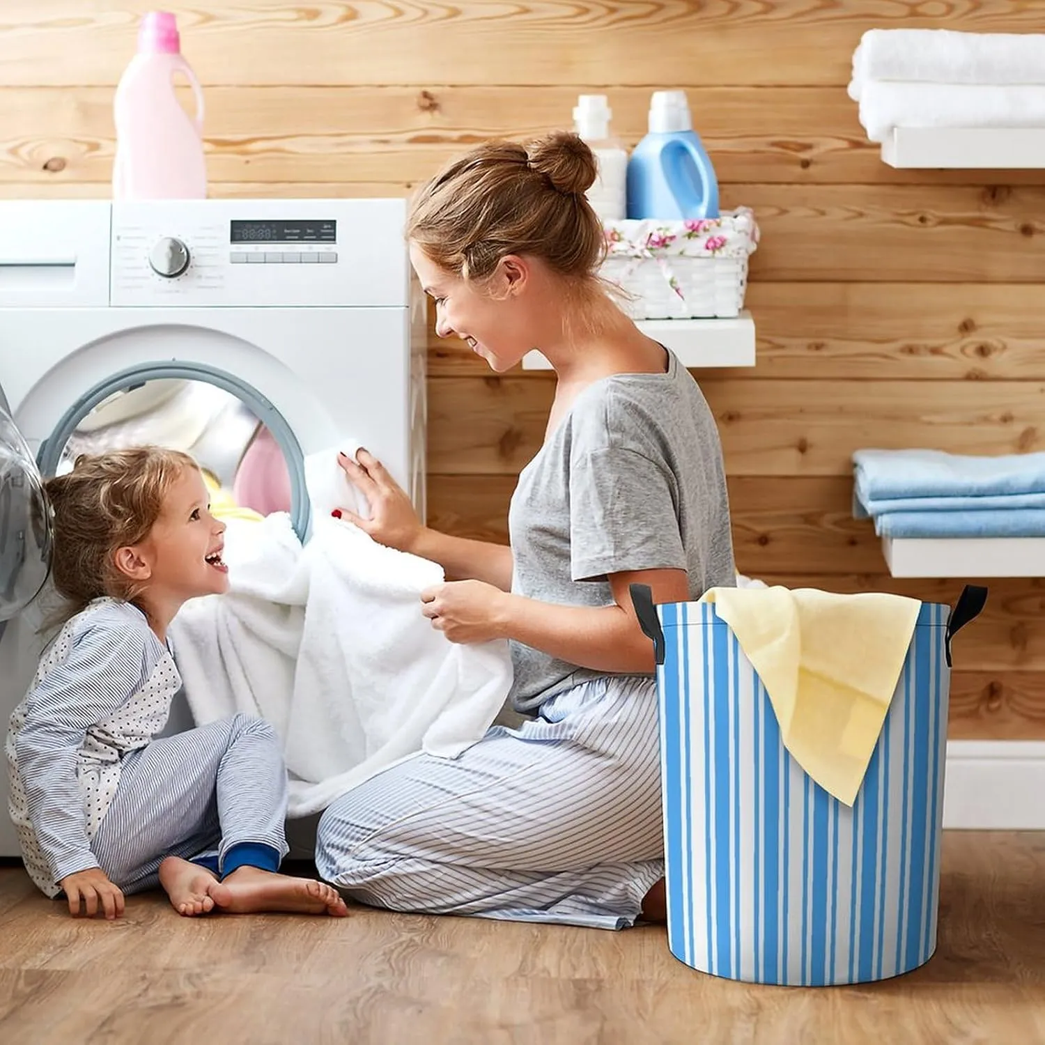 Large Laundry Hamper Bag, Blue and White Candy Stripes Collapsible Laundry Basket with Drawstring Dirty Clothes Organizer Washing Bin for Family Essentials Storage