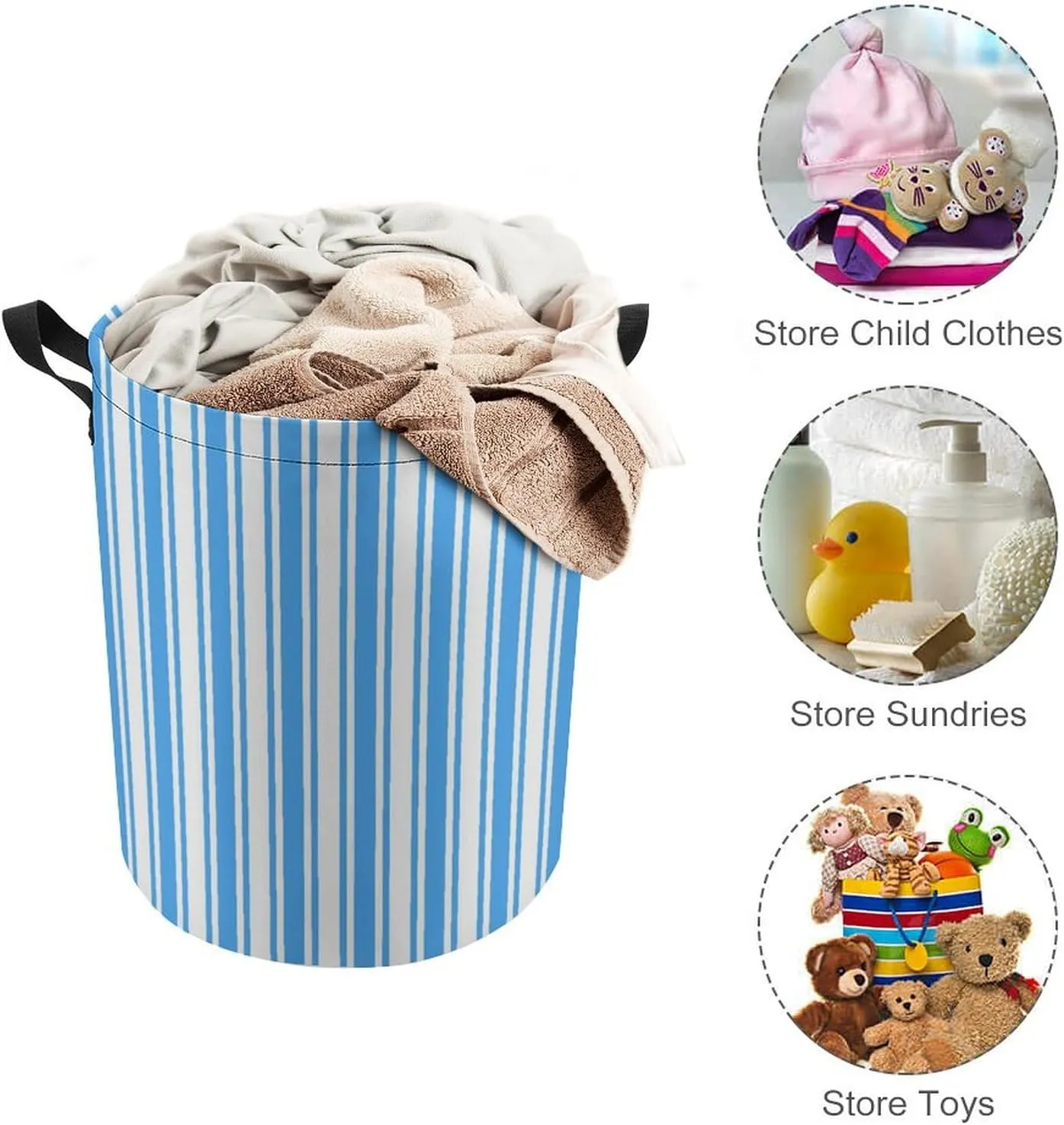 Large Laundry Hamper Bag, Blue and White Candy Stripes Collapsible Laundry Basket with Drawstring Dirty Clothes Organizer Washing Bin for Family Essentials Storage