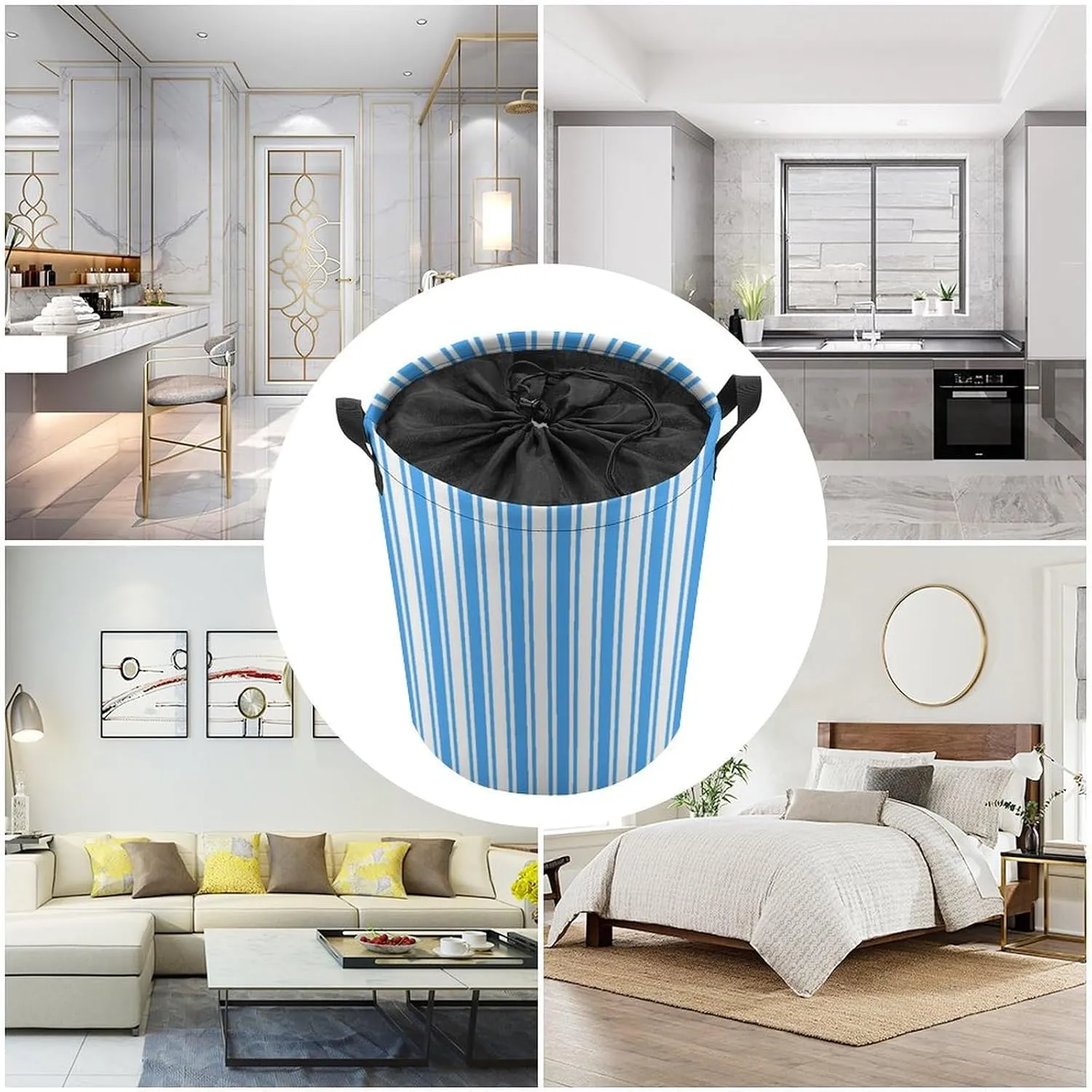 Large Laundry Hamper Bag, Blue and White Candy Stripes Collapsible Laundry Basket with Drawstring Dirty Clothes Organizer Washing Bin for Family Essentials Storage