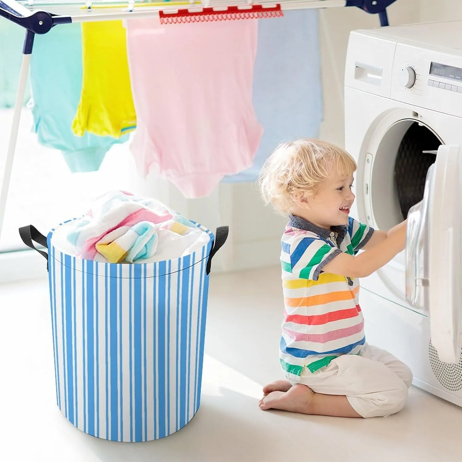 Large Laundry Hamper Bag, Blue and White Candy Stripes Collapsible Laundry Basket with Drawstring Dirty Clothes Organizer Washing Bin for Family Essentials Storage