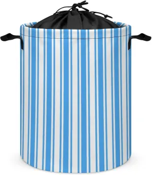 Large Laundry Hamper Bag, Blue and White Candy Stripes Collapsible Laundry Basket with Drawstring Dirty Clothes Organizer Washing Bin for Family Essentials Storage