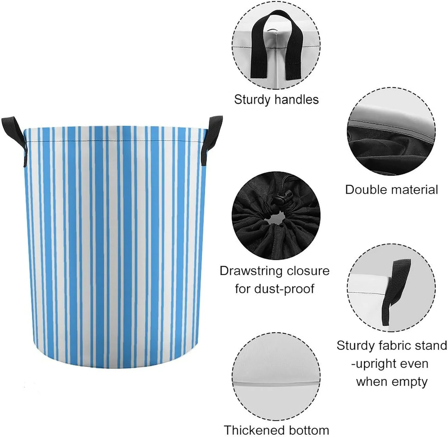 Large Laundry Hamper Bag, Blue and White Candy Stripes Collapsible Laundry Basket with Drawstring Dirty Clothes Organizer Washing Bin for Family Essentials Storage