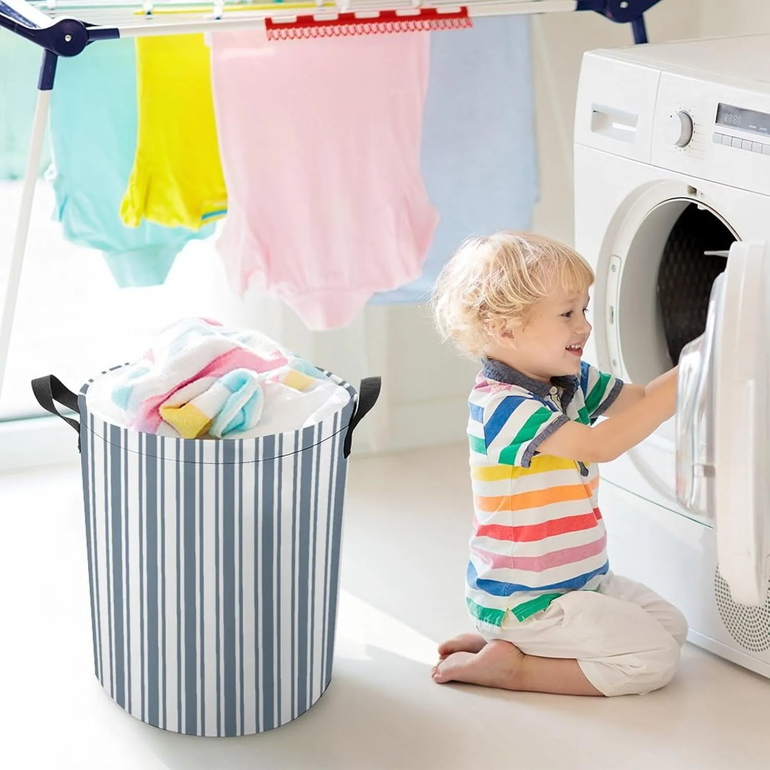 Large Laundry Hamper Bag, Blue-Grey and White Candy Stripes Collapsible Laundry Basket with Drawstring Dirty Clothes Organizer Washing Bin for Family Essentials Storage