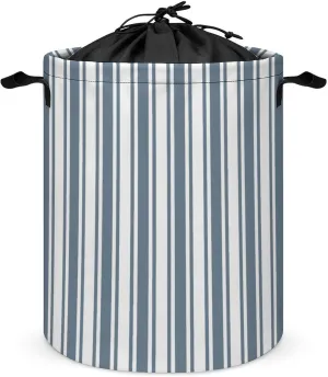 Large Laundry Hamper Bag, Blue-Grey and White Candy Stripes Collapsible Laundry Basket with Drawstring Dirty Clothes Organizer Washing Bin for Family Essentials Storage