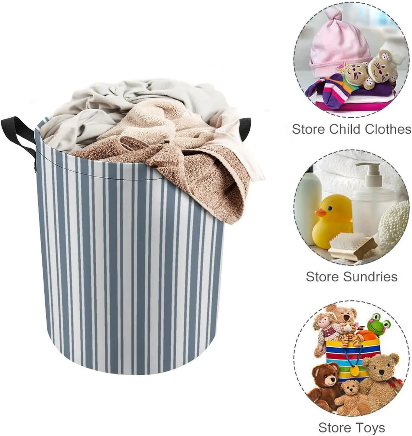 Large Laundry Hamper Bag, Blue-Grey and White Candy Stripes Collapsible Laundry Basket with Drawstring Dirty Clothes Organizer Washing Bin for Family Essentials Storage