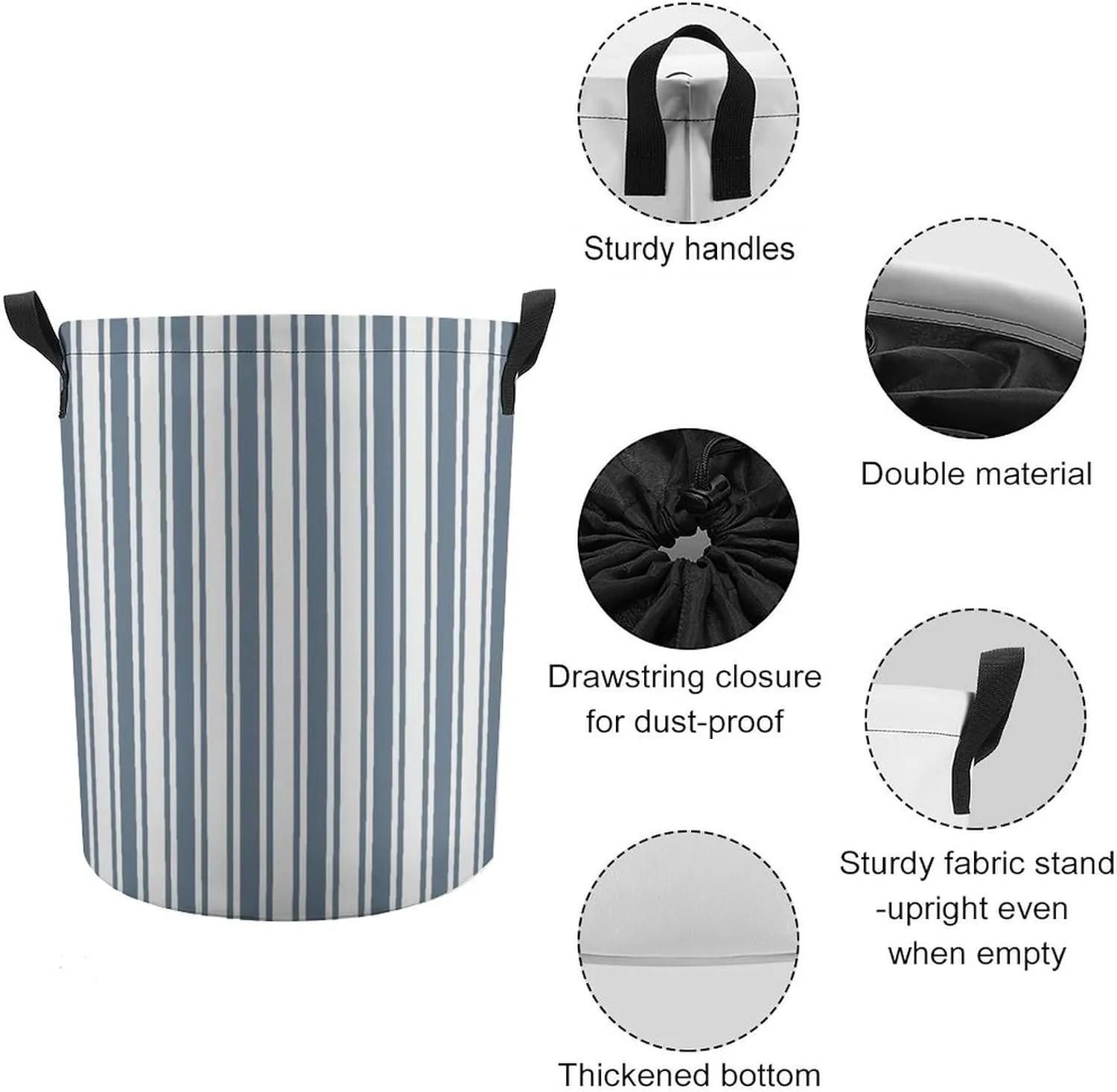 Large Laundry Hamper Bag, Blue-Grey and White Candy Stripes Collapsible Laundry Basket with Drawstring Dirty Clothes Organizer Washing Bin for Family Essentials Storage