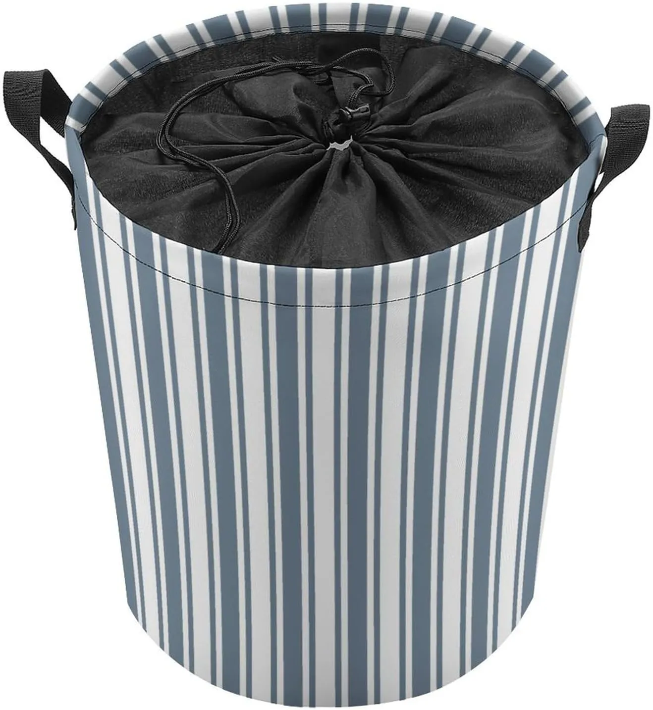 Large Laundry Hamper Bag, Blue-Grey and White Candy Stripes Collapsible Laundry Basket with Drawstring Dirty Clothes Organizer Washing Bin for Family Essentials Storage