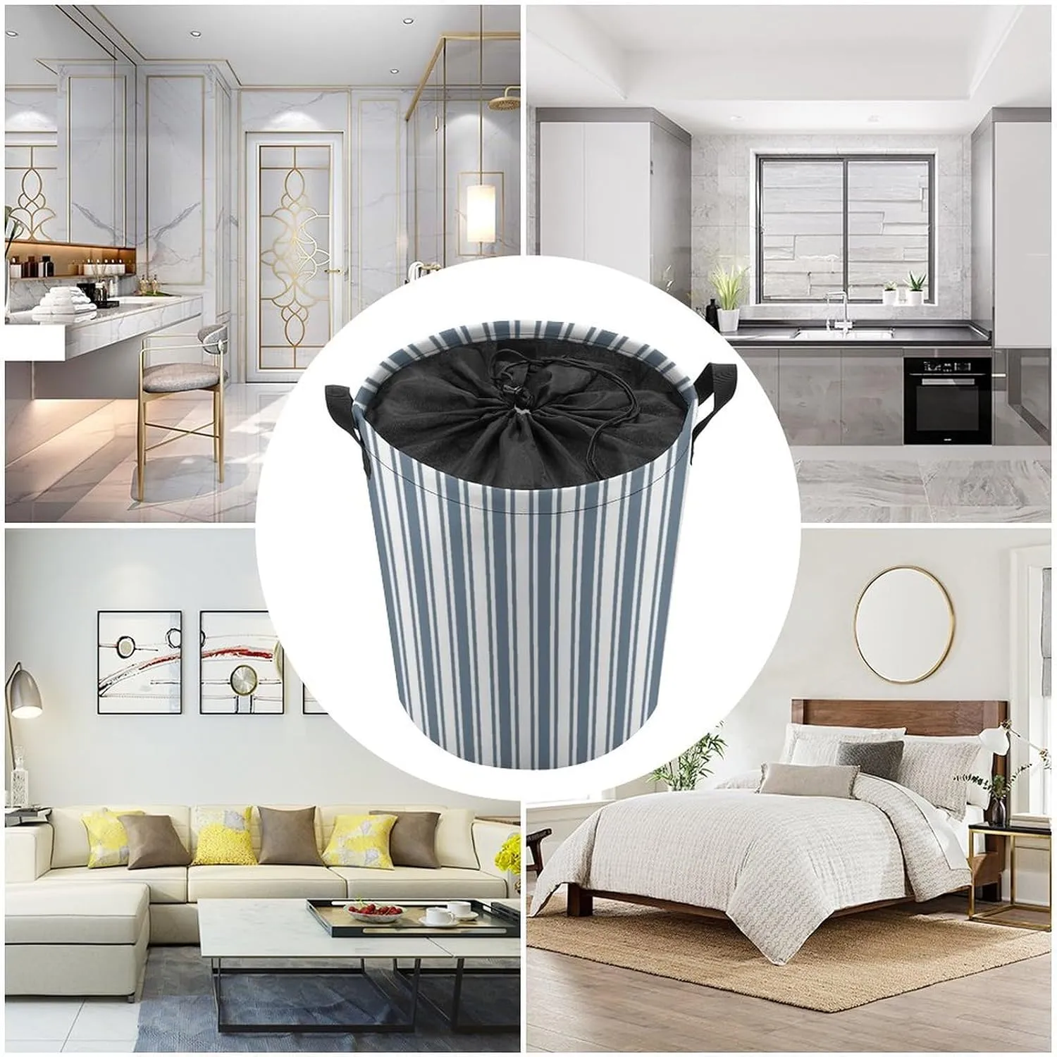 Large Laundry Hamper Bag, Blue-Grey and White Candy Stripes Collapsible Laundry Basket with Drawstring Dirty Clothes Organizer Washing Bin for Family Essentials Storage