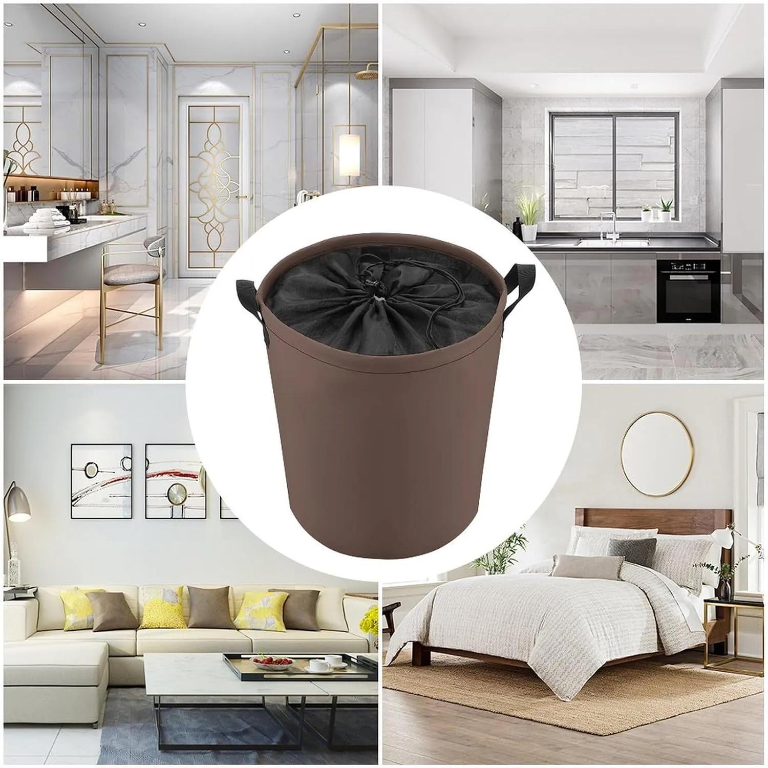 Large Laundry Hamper Bag, Brown Solid Color Elegant Modern Collapsible Laundry Basket Dirty Clothes Washing Bin for College Dorm, Family Essentials