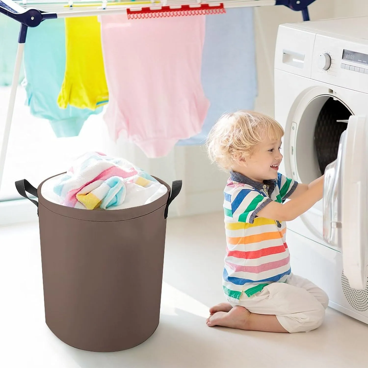 Large Laundry Hamper Bag, Brown Solid Color Elegant Modern Collapsible Laundry Basket Dirty Clothes Washing Bin for College Dorm, Family Essentials