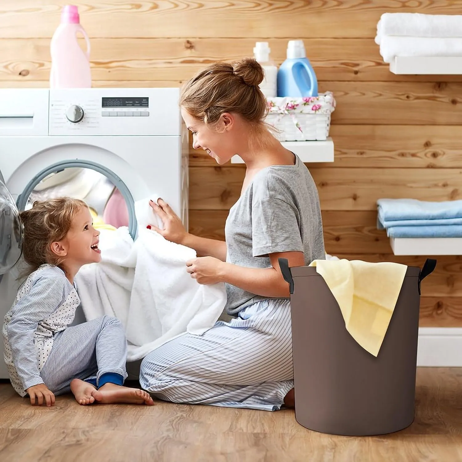 Large Laundry Hamper Bag, Brown Solid Color Elegant Modern Collapsible Laundry Basket Dirty Clothes Washing Bin for College Dorm, Family Essentials
