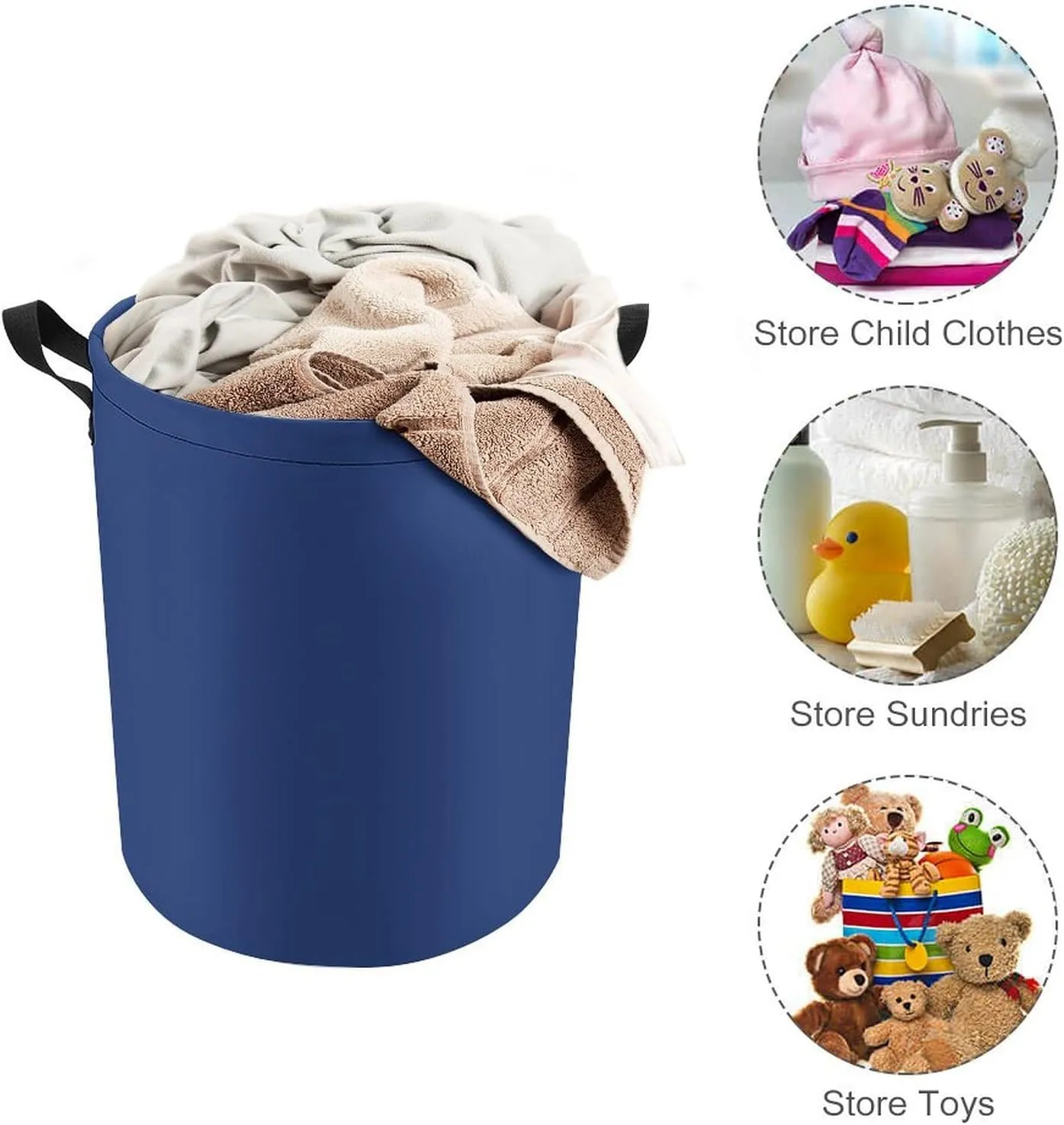 Large Laundry Hamper Bag, Dark Blue Solid Color Elegant Collapsible Laundry Basket Dirty Clothes Washing Bin for College Dorm, Family Essentials