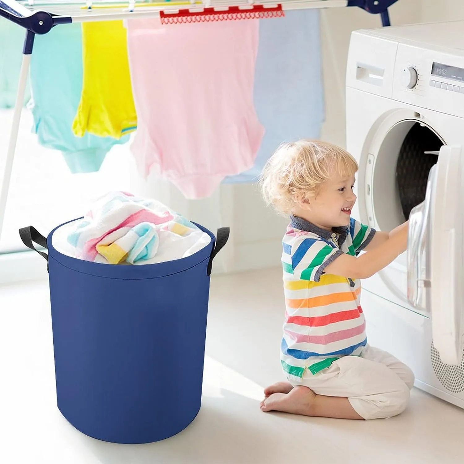 Large Laundry Hamper Bag, Dark Blue Solid Color Elegant Collapsible Laundry Basket Dirty Clothes Washing Bin for College Dorm, Family Essentials