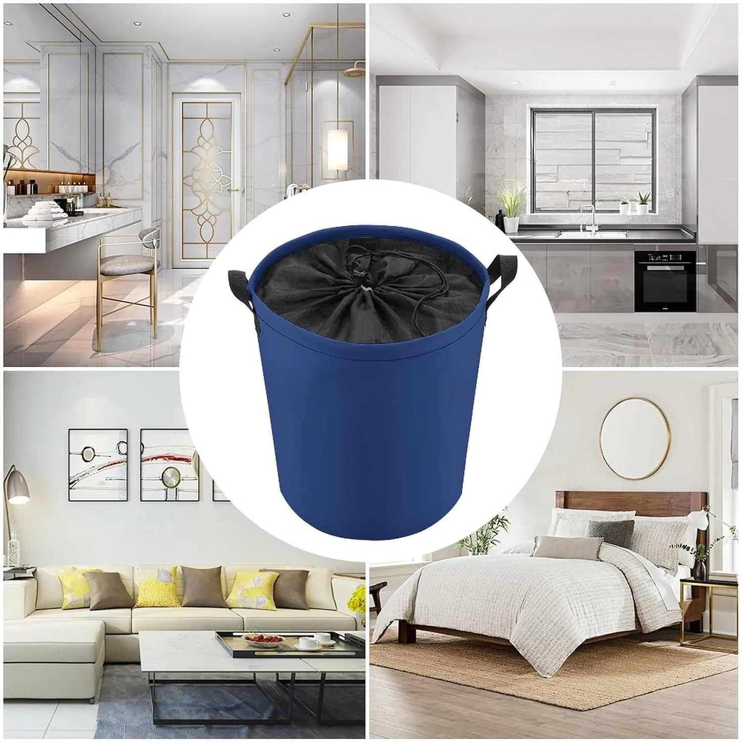 Large Laundry Hamper Bag, Dark Blue Solid Color Elegant Collapsible Laundry Basket Dirty Clothes Washing Bin for College Dorm, Family Essentials