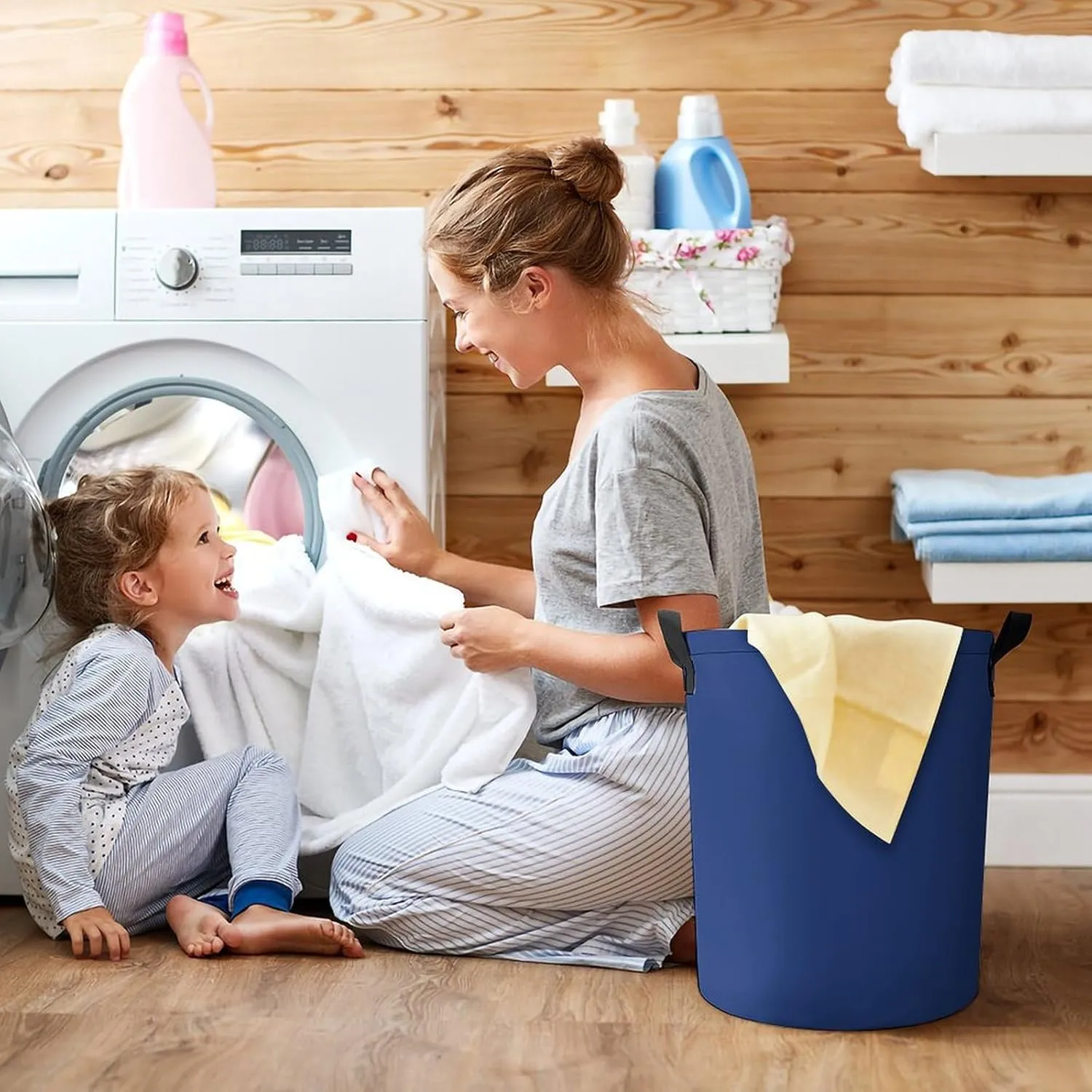 Large Laundry Hamper Bag, Dark Blue Solid Color Elegant Collapsible Laundry Basket Dirty Clothes Washing Bin for College Dorm, Family Essentials