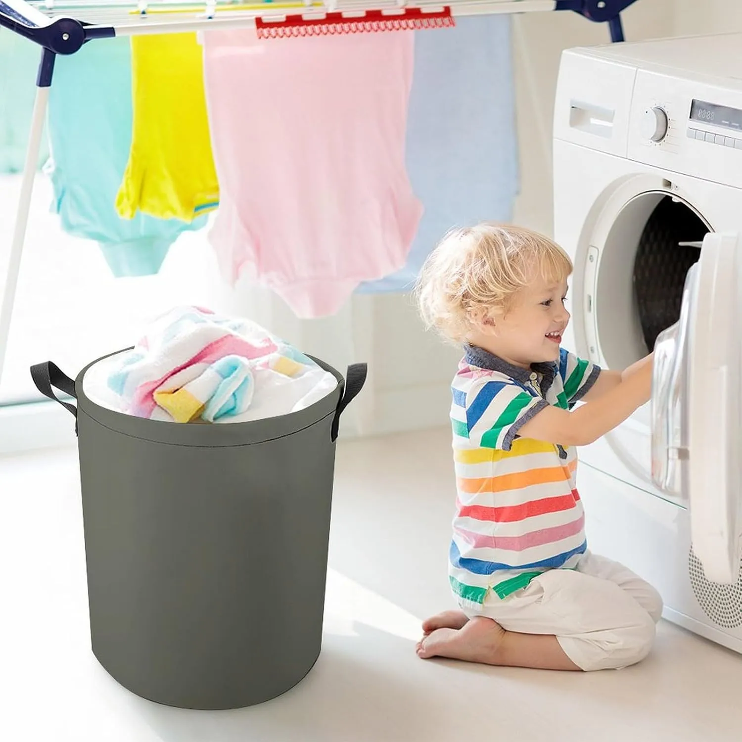 Large Laundry Hamper Bag, Dark Olive Solid Color Laundry Basket with Drawstring Collapsible Dirty Clothes Storage Washing Bin for Bathroom, Dorm Essentials