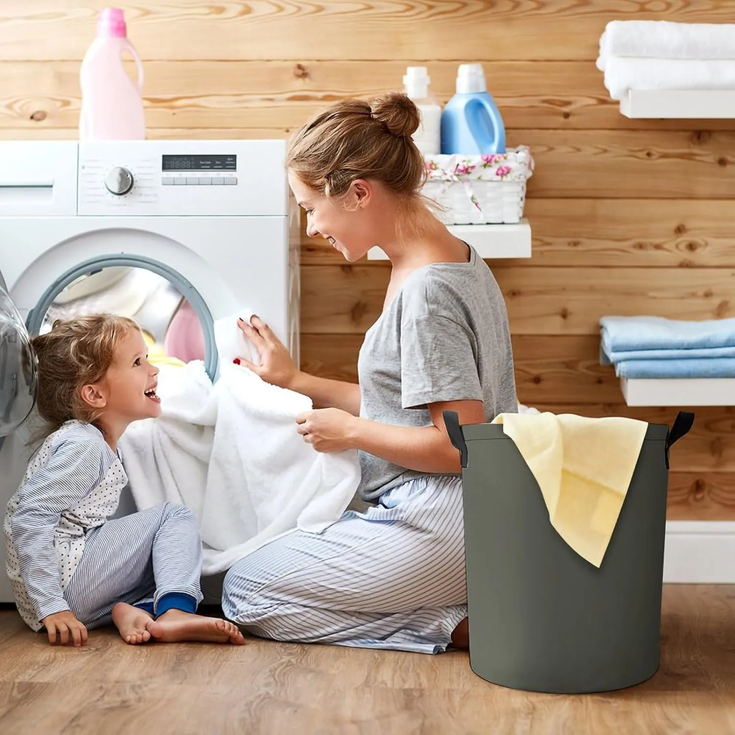Large Laundry Hamper Bag, Dark Olive Solid Color Laundry Basket with Drawstring Collapsible Dirty Clothes Storage Washing Bin for Bathroom, Dorm Essentials