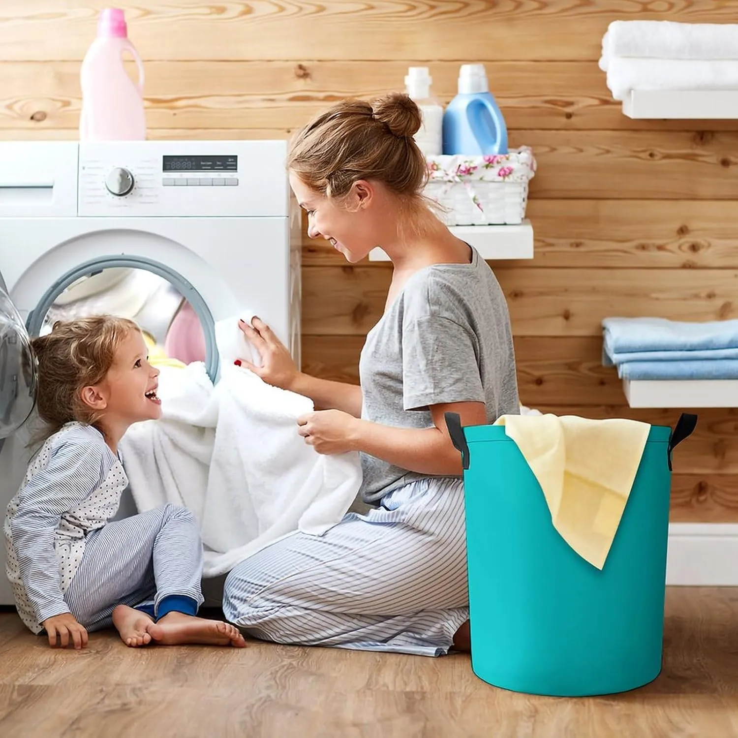 Large Laundry Hamper Bag, Dark Turquoise Solid Color Laundry Basket with Drawstring Collapsible Dirty Clothes Storage Washing Bin for Bathroom, Dorm Essentials