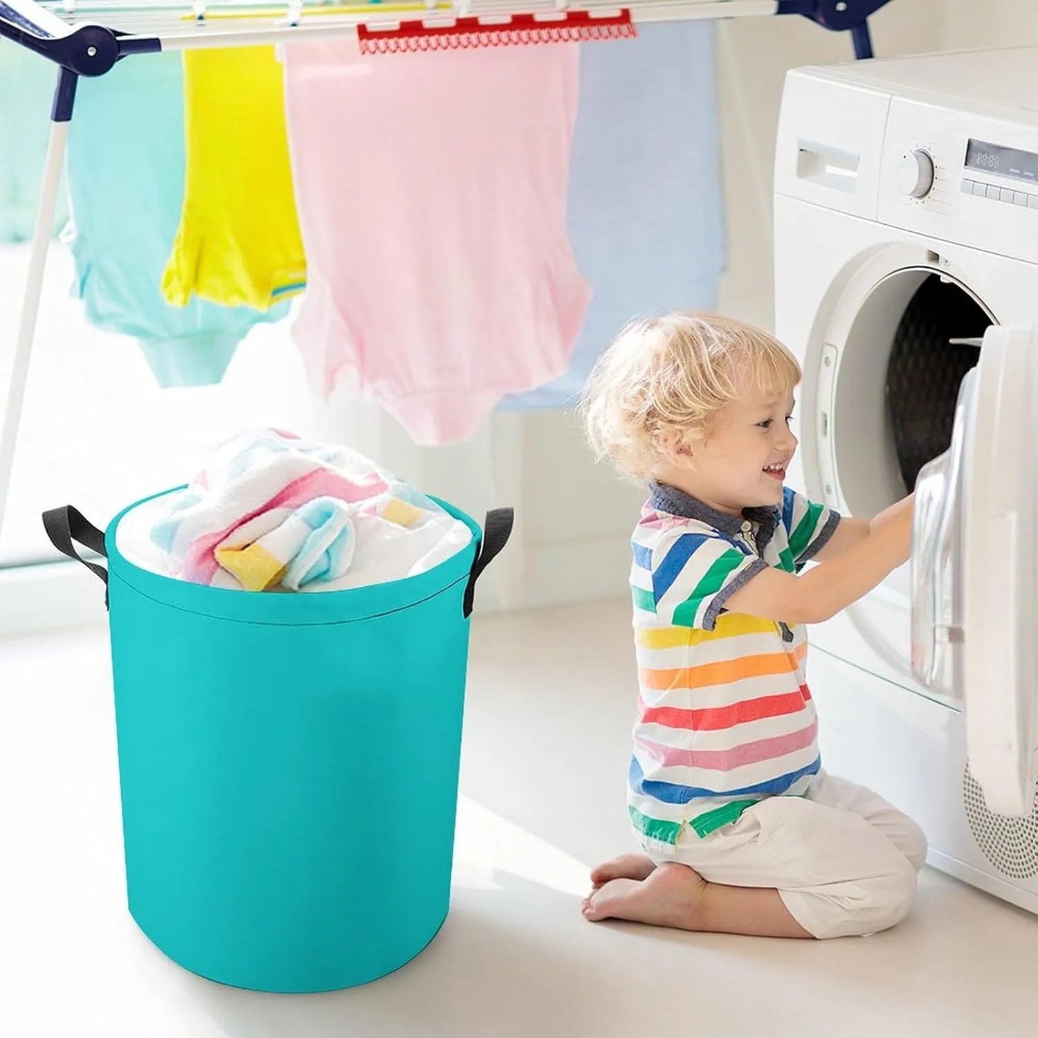 Large Laundry Hamper Bag, Dark Turquoise Solid Color Laundry Basket with Drawstring Collapsible Dirty Clothes Storage Washing Bin for Bathroom, Dorm Essentials
