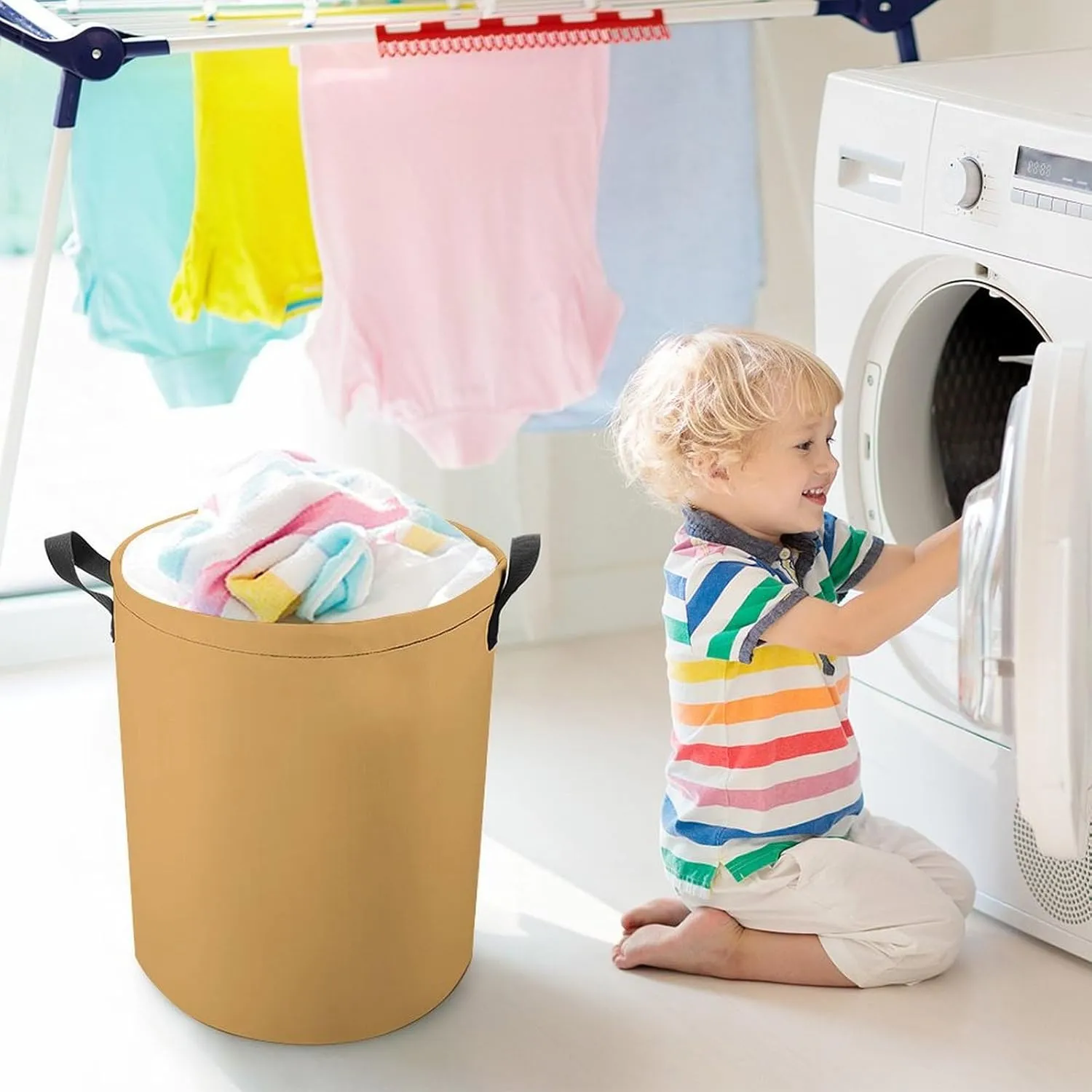 Large Laundry Hamper Bag, Dark Yellow Laundry Basket with Drawstring Collapsible Dirty Clothes Storage Washing Bin for Bathroom, Dorm Essentials