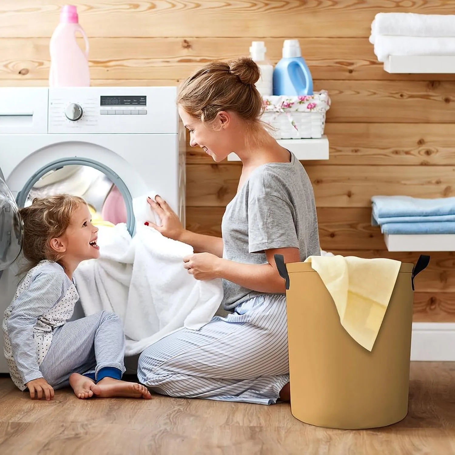 Large Laundry Hamper Bag, Dark Yellow Laundry Basket with Drawstring Collapsible Dirty Clothes Storage Washing Bin for Bathroom, Dorm Essentials