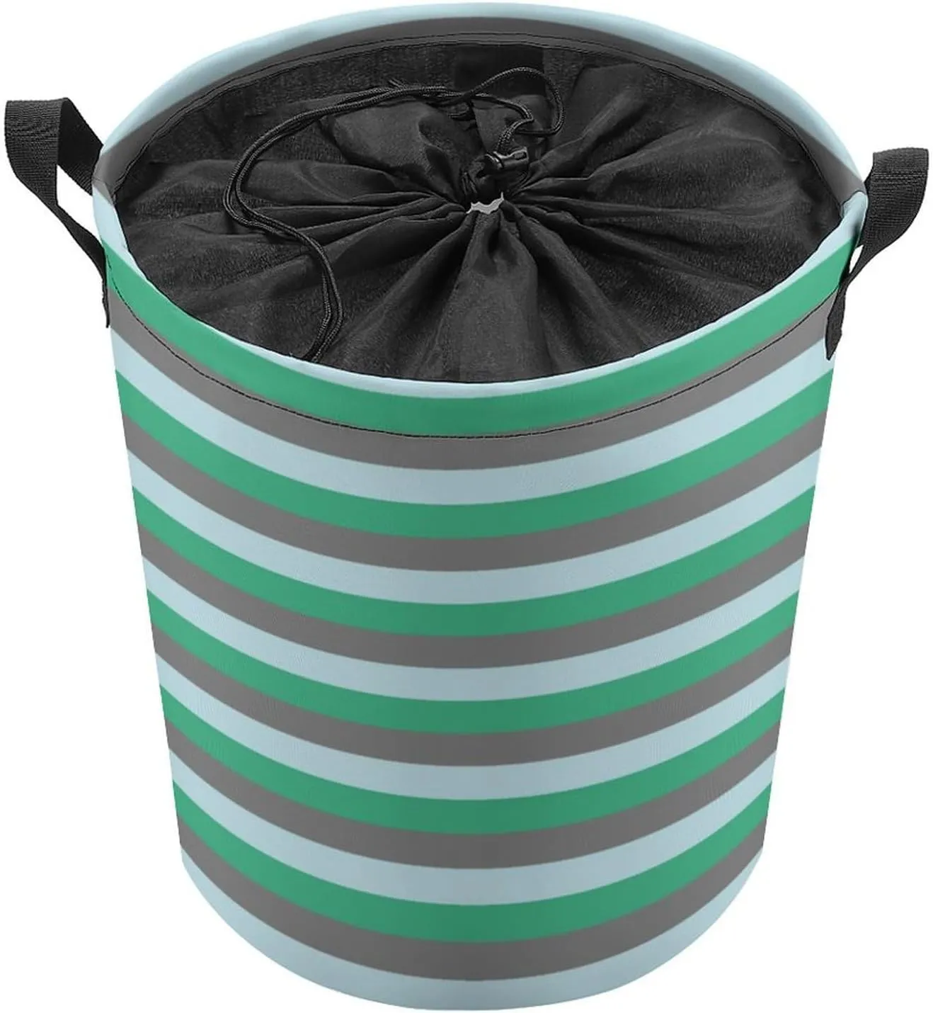 Large Laundry Hamper Bag, Pale Blue, Aqua Green and Charcoal Grey Stripes Collapsible Laundry Basket Dirty Clothes Washing Bin for College Dorm, Family Essentials