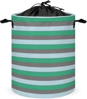 Large Laundry Hamper Bag, Pale Blue, Aqua Green and Charcoal Grey Stripes Collapsible Laundry Basket Dirty Clothes Washing Bin for College Dorm, Family Essentials