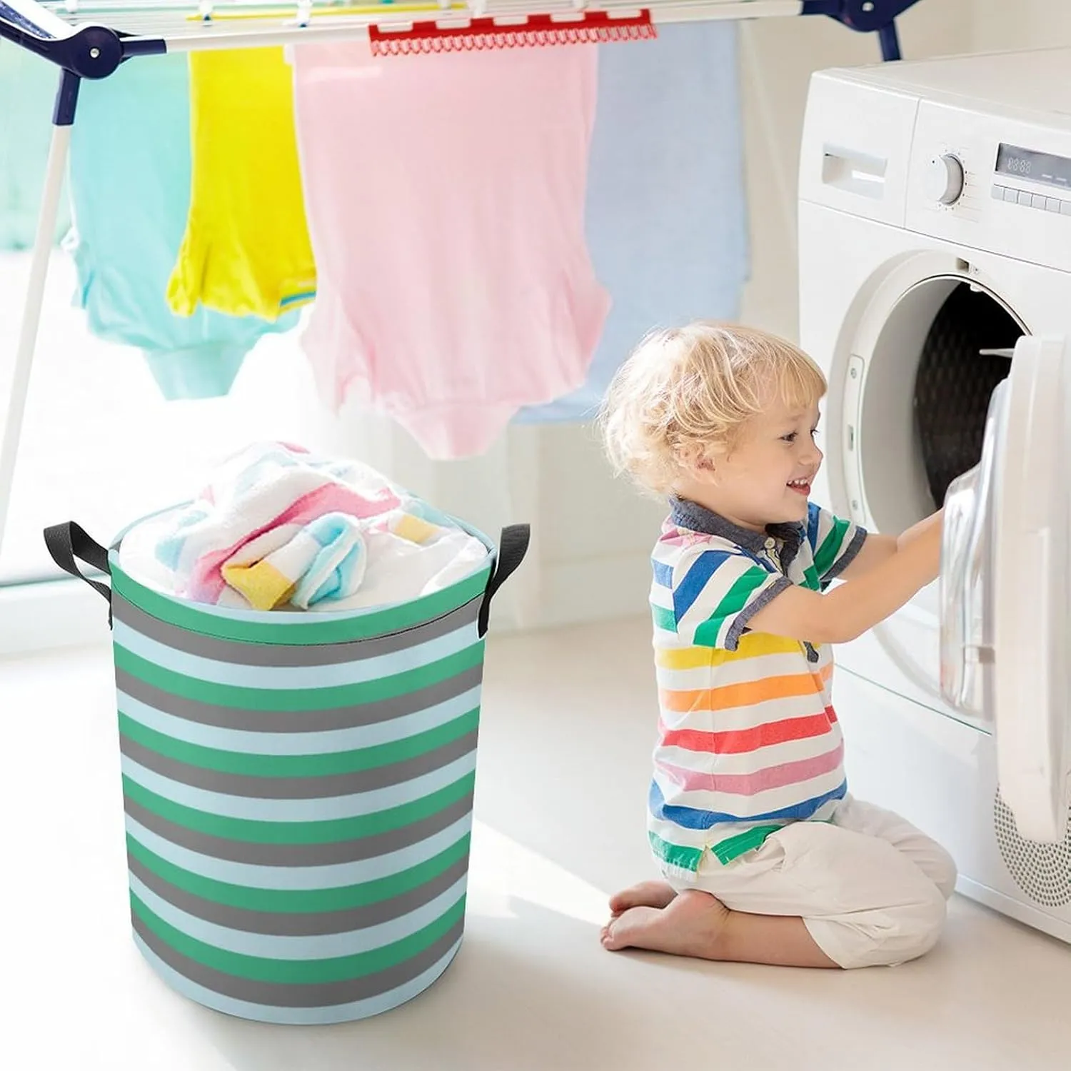 Large Laundry Hamper Bag, Pale Blue, Aqua Green and Charcoal Grey Stripes Collapsible Laundry Basket Dirty Clothes Washing Bin for College Dorm, Family Essentials