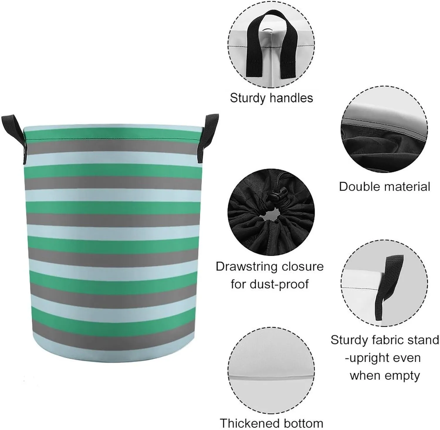 Large Laundry Hamper Bag, Pale Blue, Aqua Green and Charcoal Grey Stripes Collapsible Laundry Basket Dirty Clothes Washing Bin for College Dorm, Family Essentials