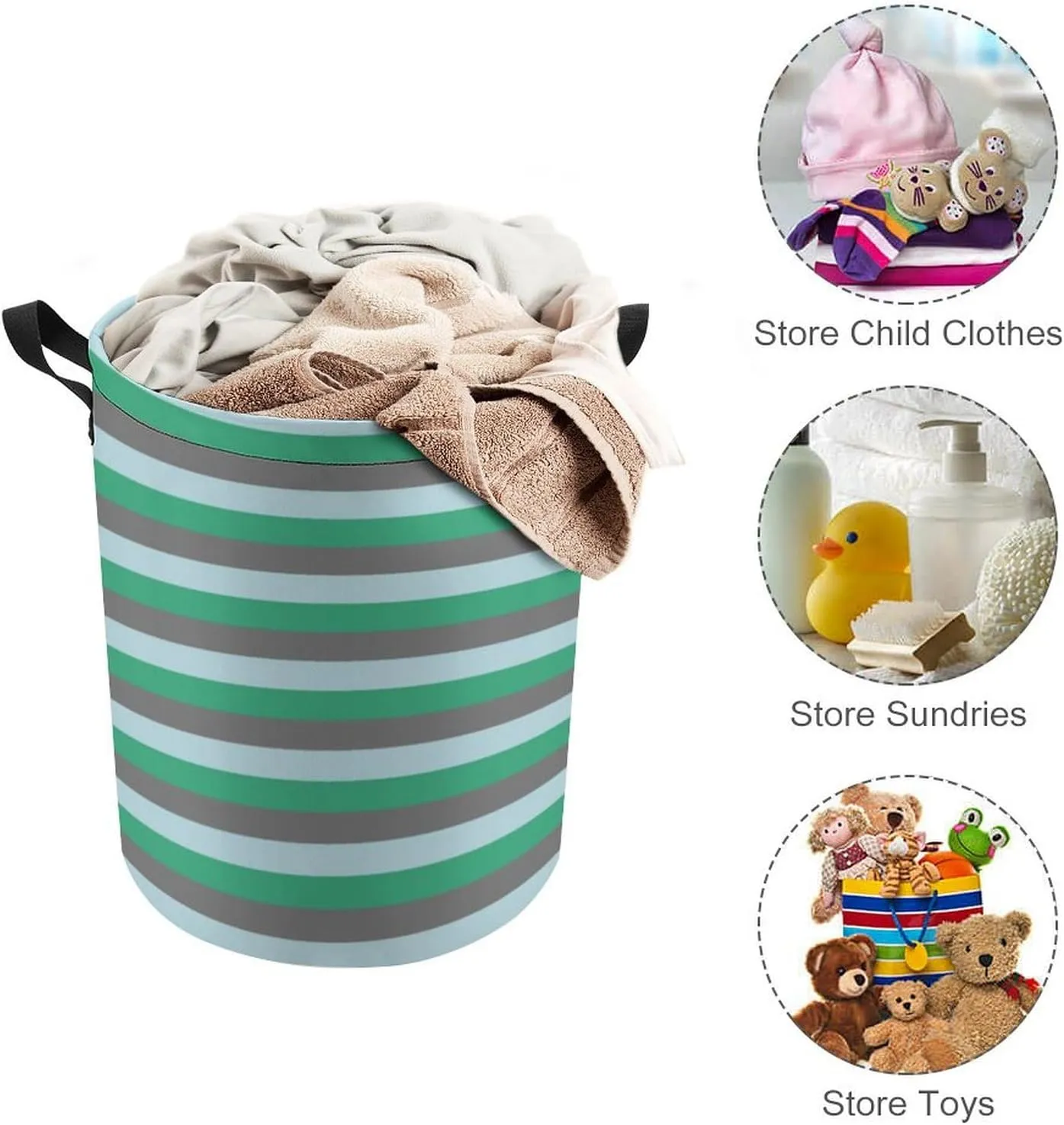 Large Laundry Hamper Bag, Pale Blue, Aqua Green and Charcoal Grey Stripes Collapsible Laundry Basket Dirty Clothes Washing Bin for College Dorm, Family Essentials