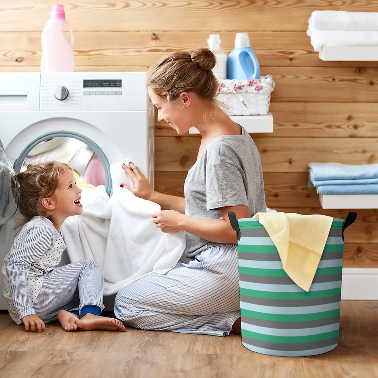 Large Laundry Hamper Bag, Pale Blue, Aqua Green and Charcoal Grey Stripes Collapsible Laundry Basket Dirty Clothes Washing Bin for College Dorm, Family Essentials