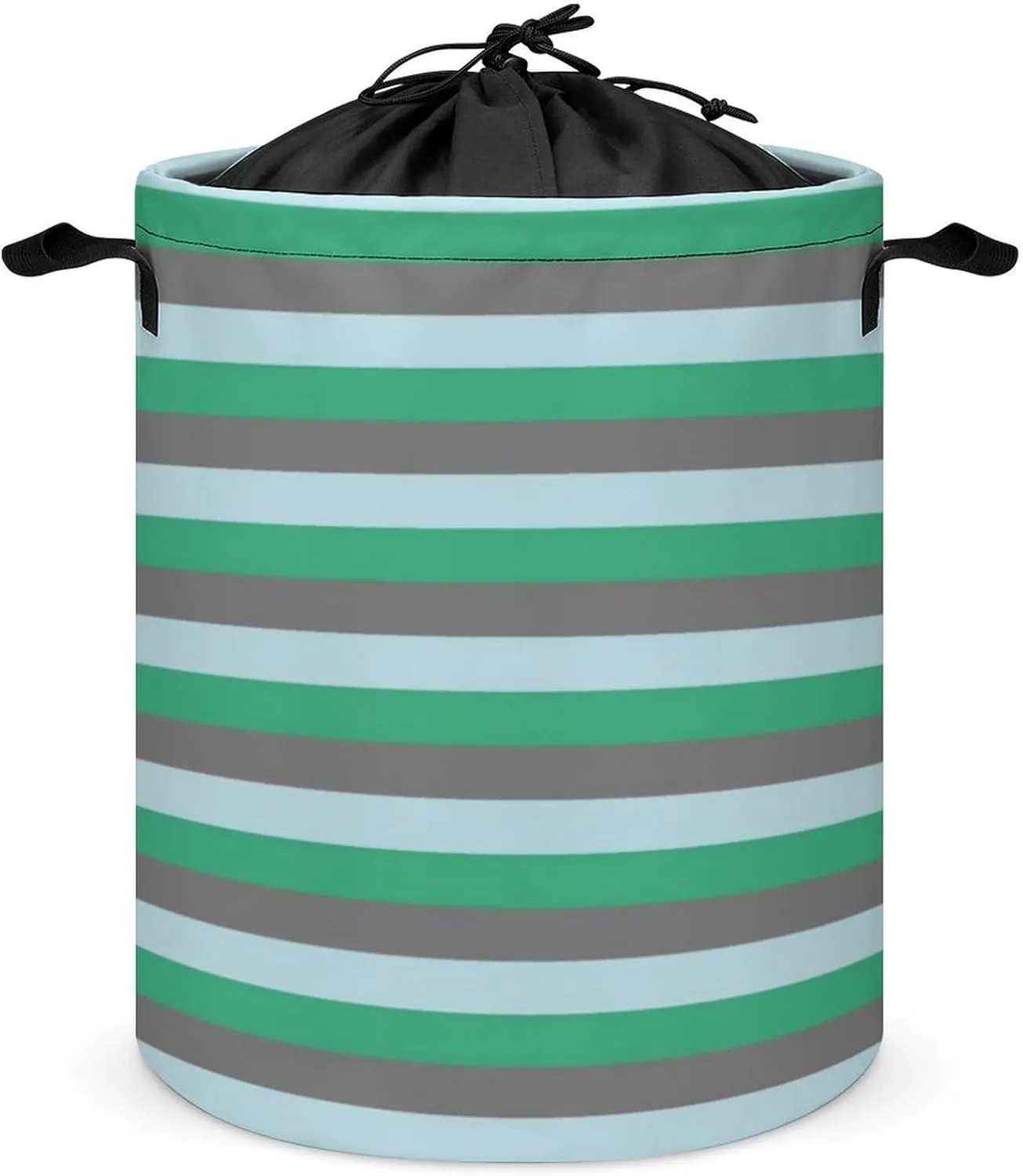 Large Laundry Hamper Bag, Pale Blue, Aqua Green and Charcoal Grey Stripes Collapsible Laundry Basket Dirty Clothes Washing Bin for College Dorm, Family Essentials