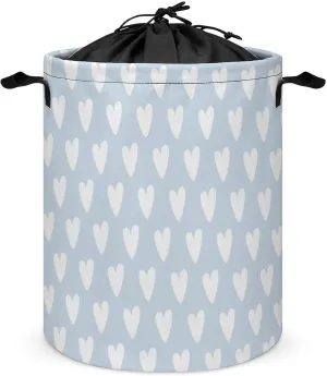 Large Laundry Hamper Bag, Pale Blue White Heart PatternedCollapsible Laundry Basket with Drawstring Dirty Clothes Organizer Washing Bin for Family Essentials Storage