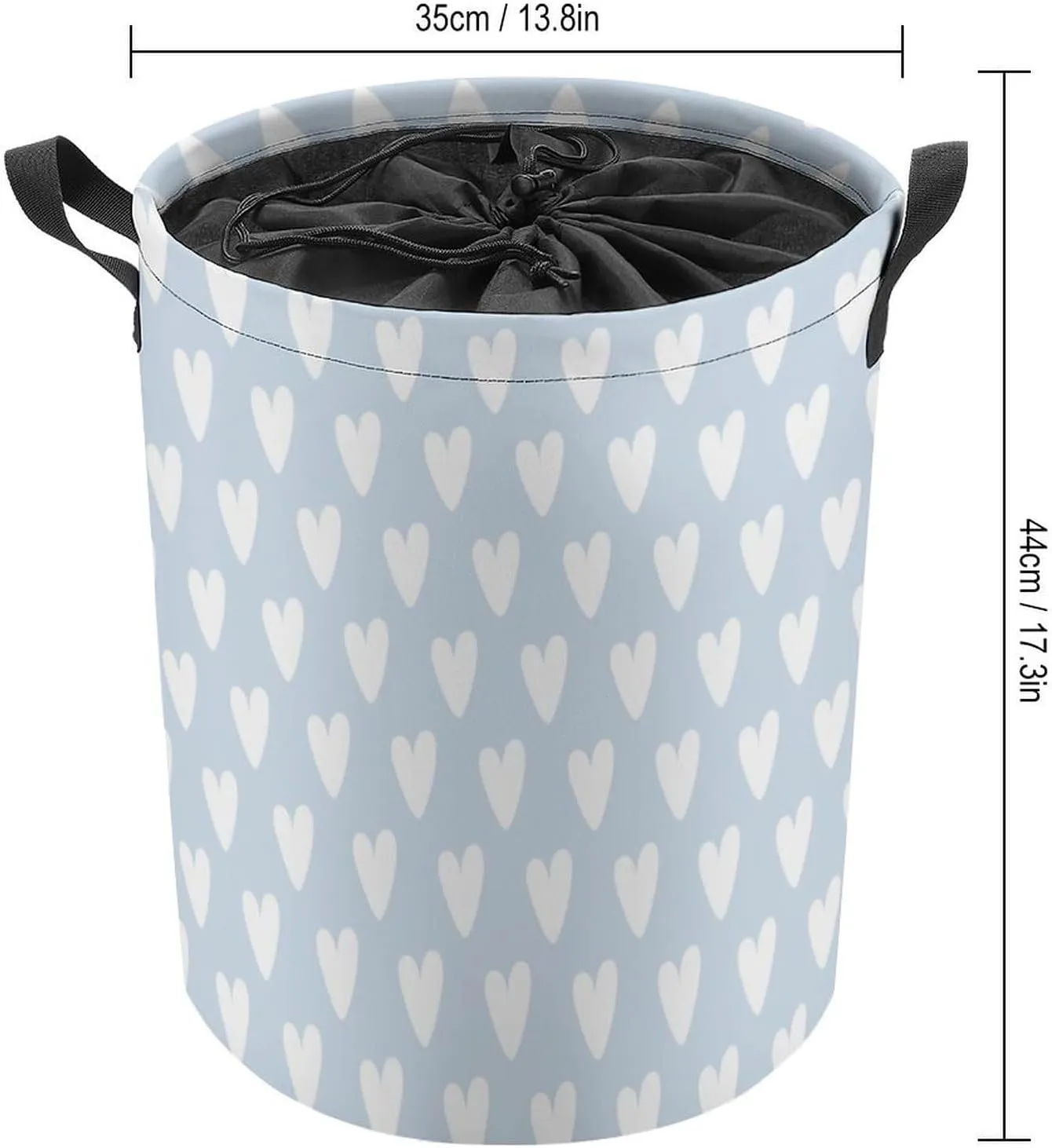 Large Laundry Hamper Bag, Pale Blue White Heart PatternedCollapsible Laundry Basket with Drawstring Dirty Clothes Organizer Washing Bin for Family Essentials Storage