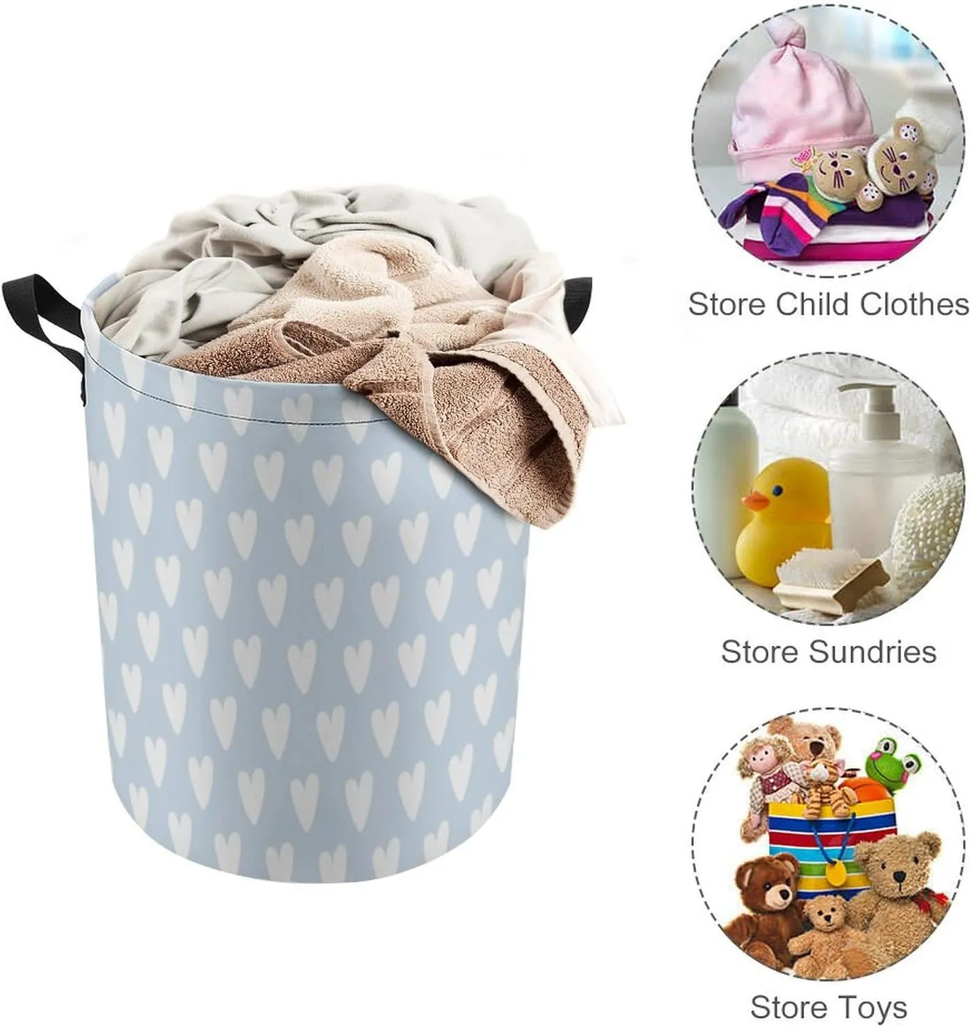 Large Laundry Hamper Bag, Pale Blue White Heart PatternedCollapsible Laundry Basket with Drawstring Dirty Clothes Organizer Washing Bin for Family Essentials Storage