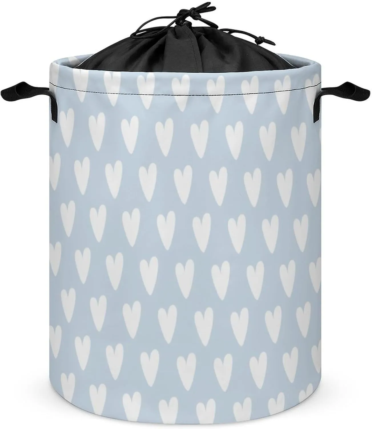Large Laundry Hamper Bag, Pale Blue White Heart PatternedCollapsible Laundry Basket with Drawstring Dirty Clothes Organizer Washing Bin for Family Essentials Storage