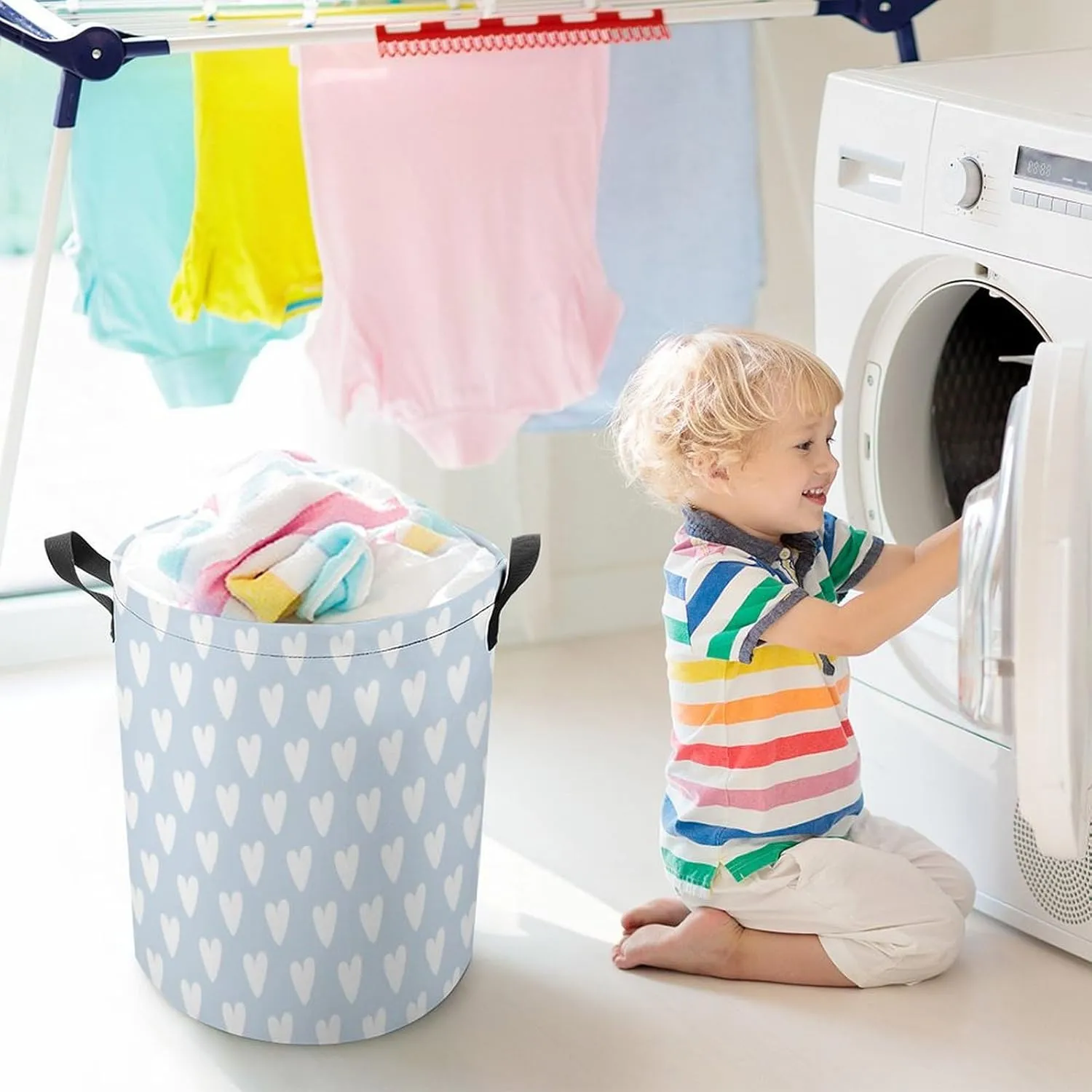 Large Laundry Hamper Bag, Pale Blue White Heart PatternedCollapsible Laundry Basket with Drawstring Dirty Clothes Organizer Washing Bin for Family Essentials Storage