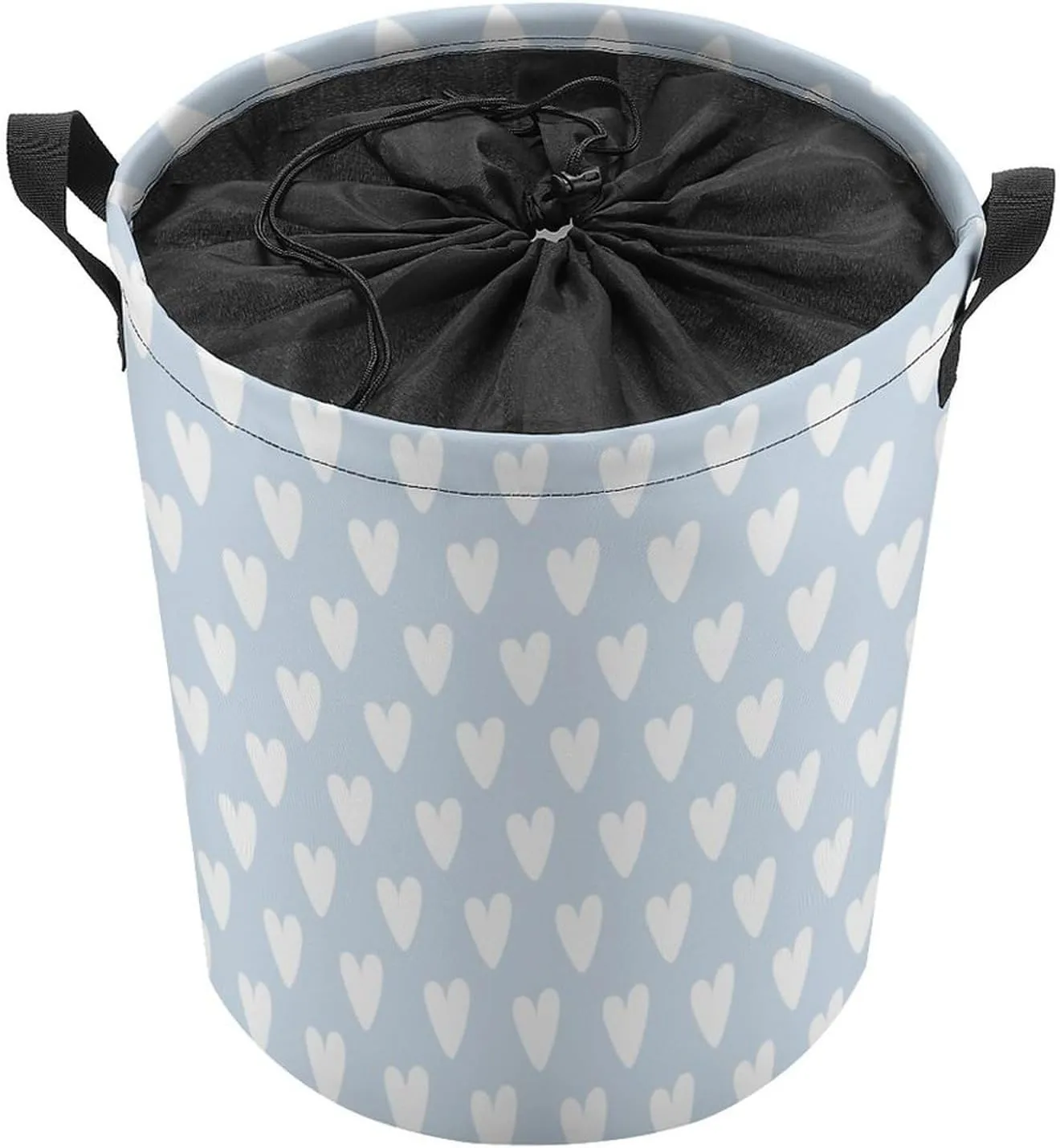 Large Laundry Hamper Bag, Pale Blue White Heart PatternedCollapsible Laundry Basket with Drawstring Dirty Clothes Organizer Washing Bin for Family Essentials Storage