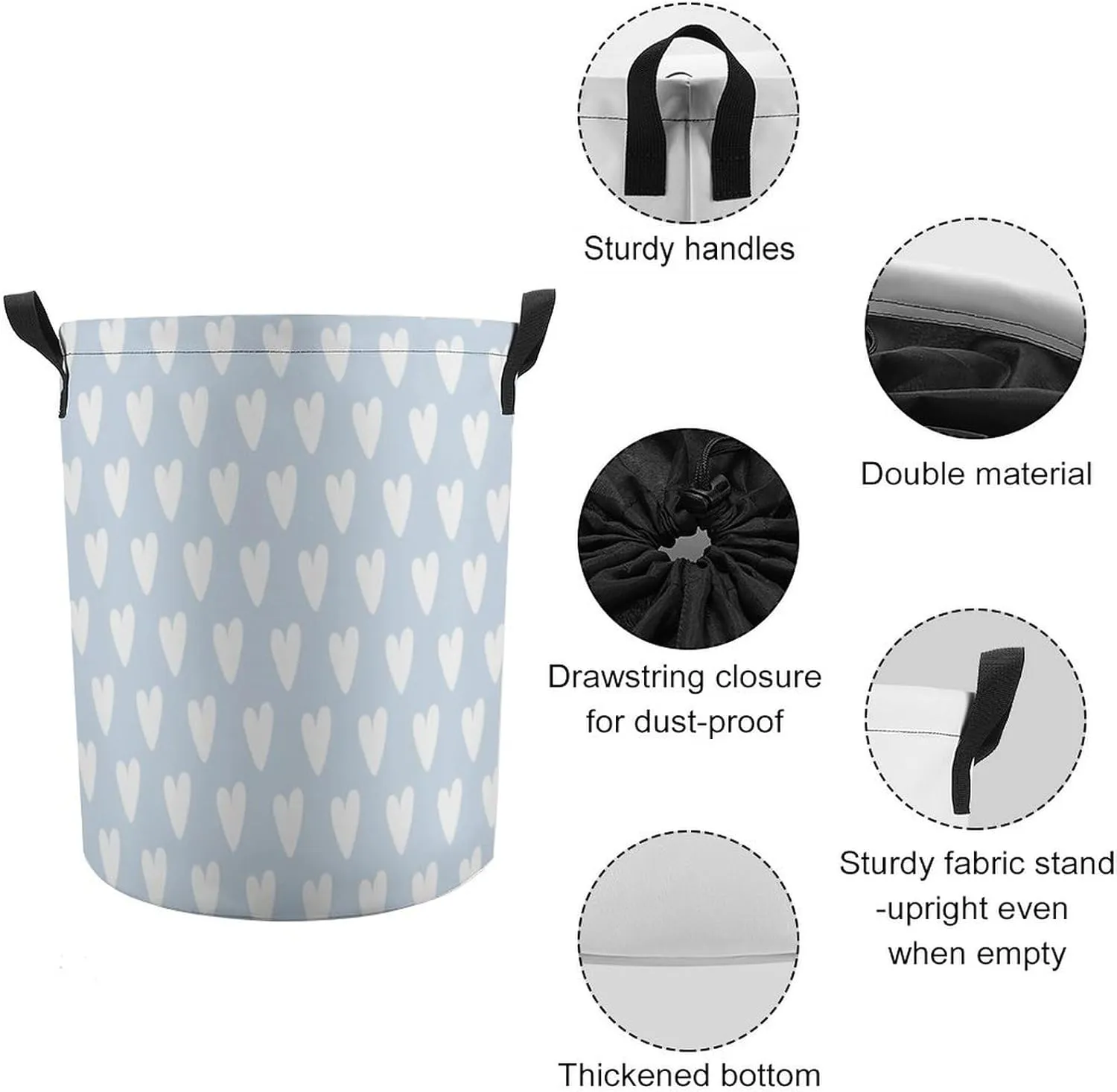 Large Laundry Hamper Bag, Pale Blue White Heart PatternedCollapsible Laundry Basket with Drawstring Dirty Clothes Organizer Washing Bin for Family Essentials Storage