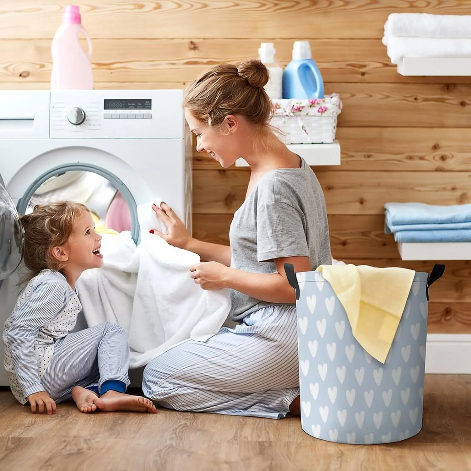 Large Laundry Hamper Bag, Pale Blue White Heart PatternedCollapsible Laundry Basket with Drawstring Dirty Clothes Organizer Washing Bin for Family Essentials Storage