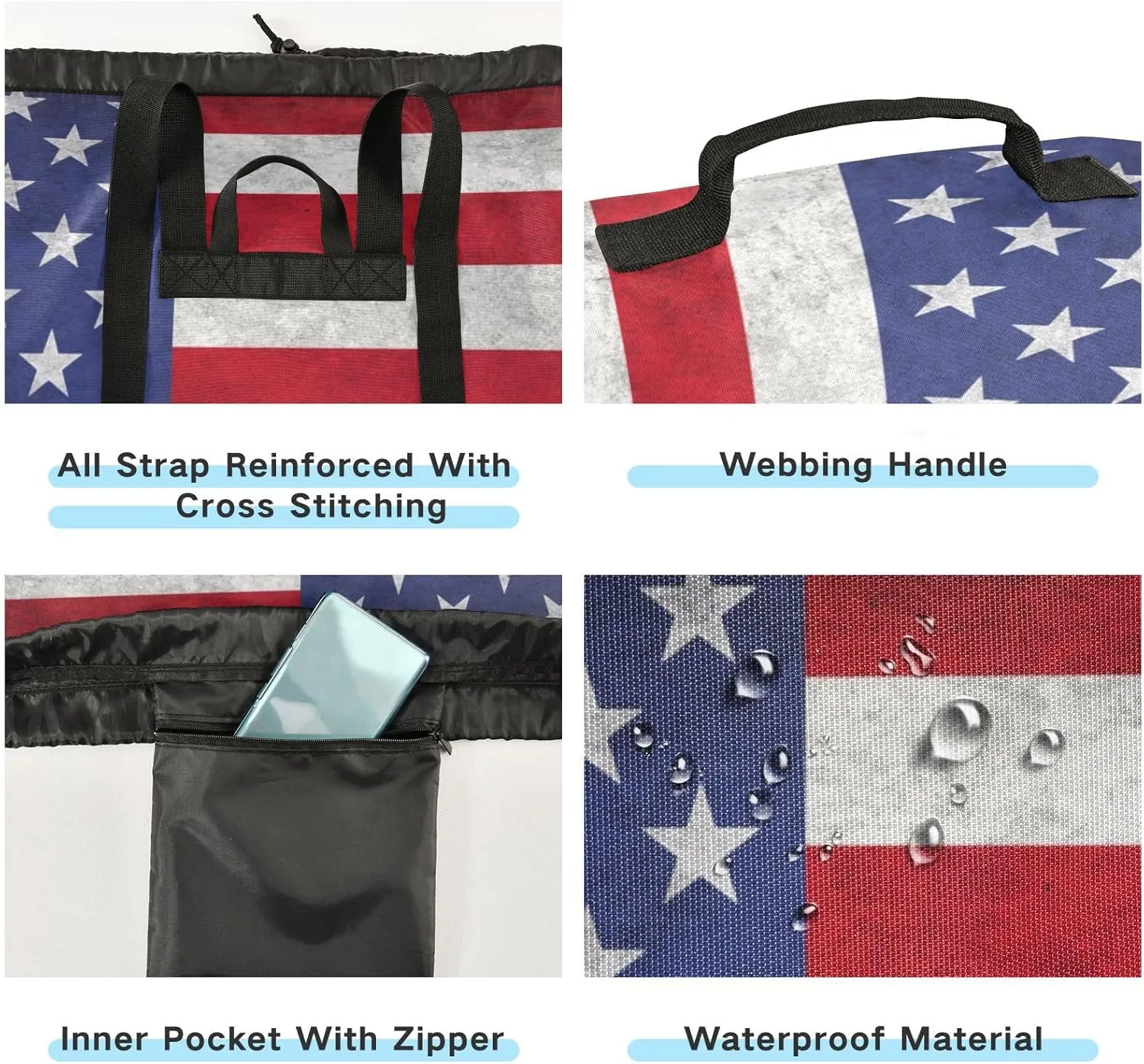 Laundry Backpack Bag Hamper Basket Extra Large Heavy Duty for Dirty Clothes Adjusted Straps for Camp College Dorm Gym Hotel Home 29.3x14.5Inch Flag Stars Stripes