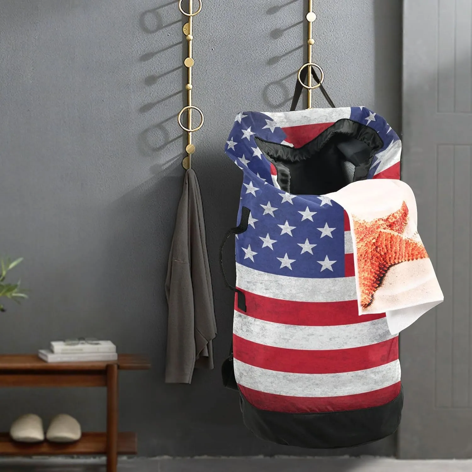 Laundry Backpack Bag Hamper Basket Extra Large Heavy Duty for Dirty Clothes Adjusted Straps for Camp College Dorm Gym Hotel Home 29.3x14.5Inch Flag Stars Stripes
