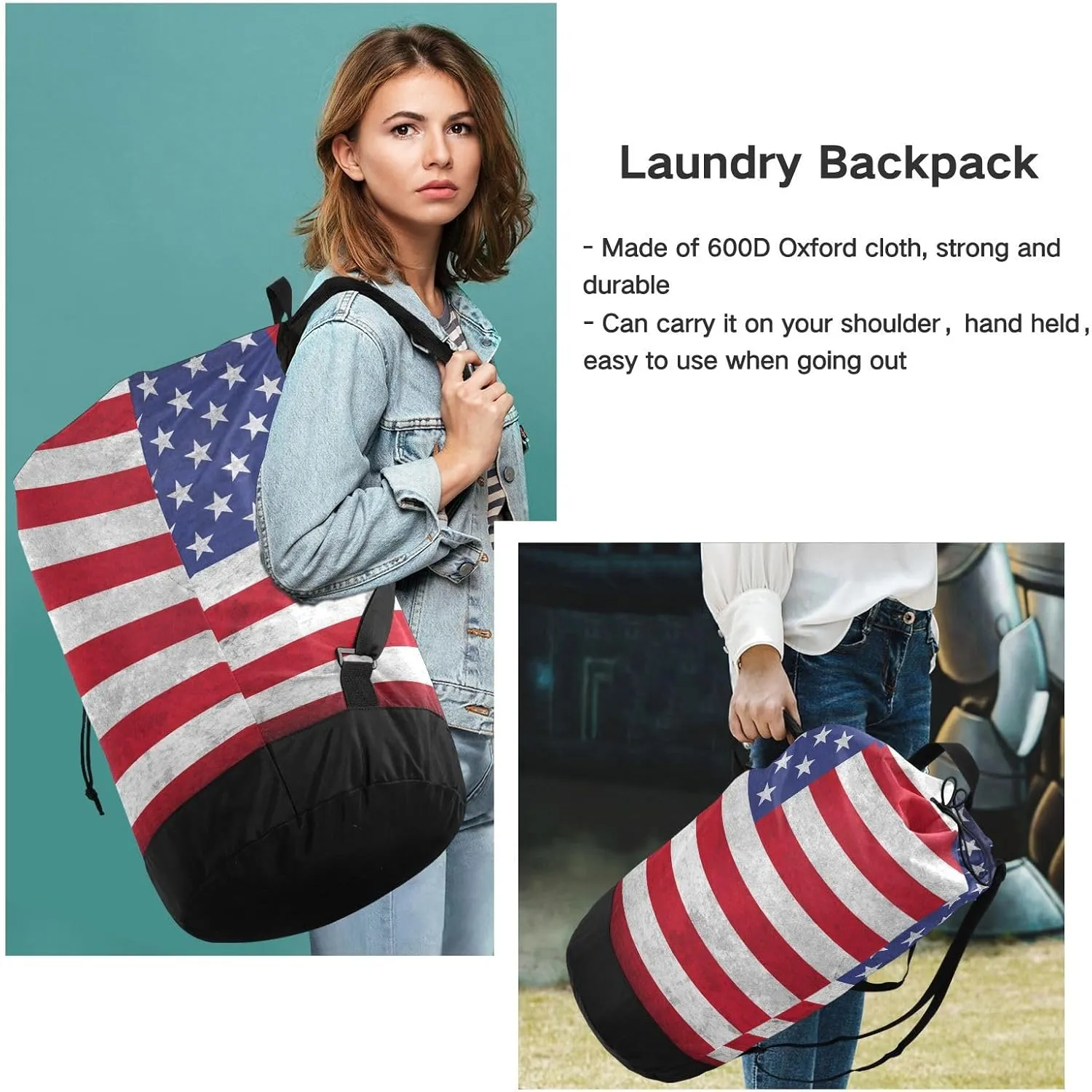Laundry Backpack Bag Hamper Basket Extra Large Heavy Duty for Dirty Clothes Adjusted Straps for Camp College Dorm Gym Hotel Home 29.3x14.5Inch Flag Stars Stripes