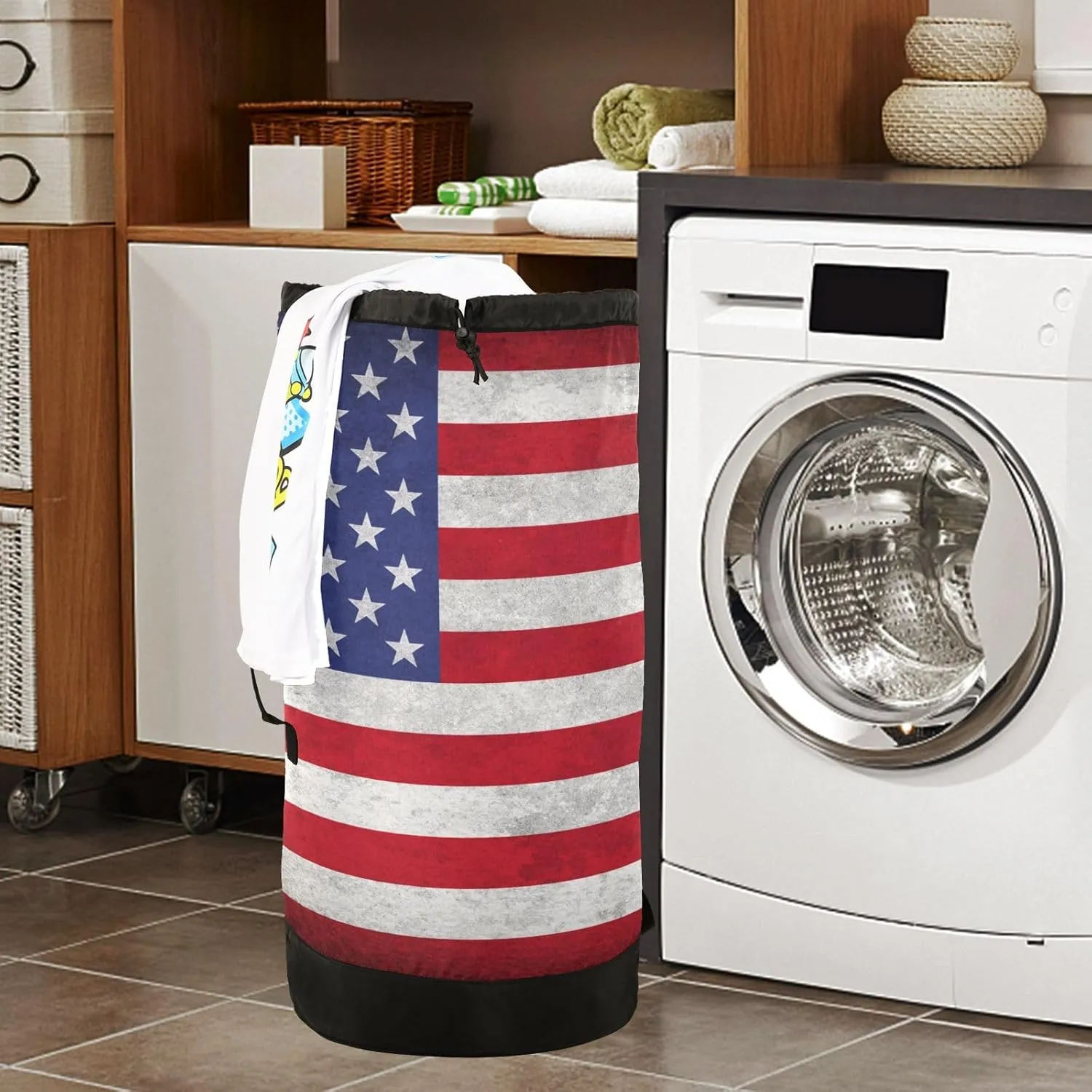Laundry Backpack Bag Hamper Basket Extra Large Heavy Duty for Dirty Clothes Adjusted Straps for Camp College Dorm Gym Hotel Home 29.3x14.5Inch Flag Stars Stripes