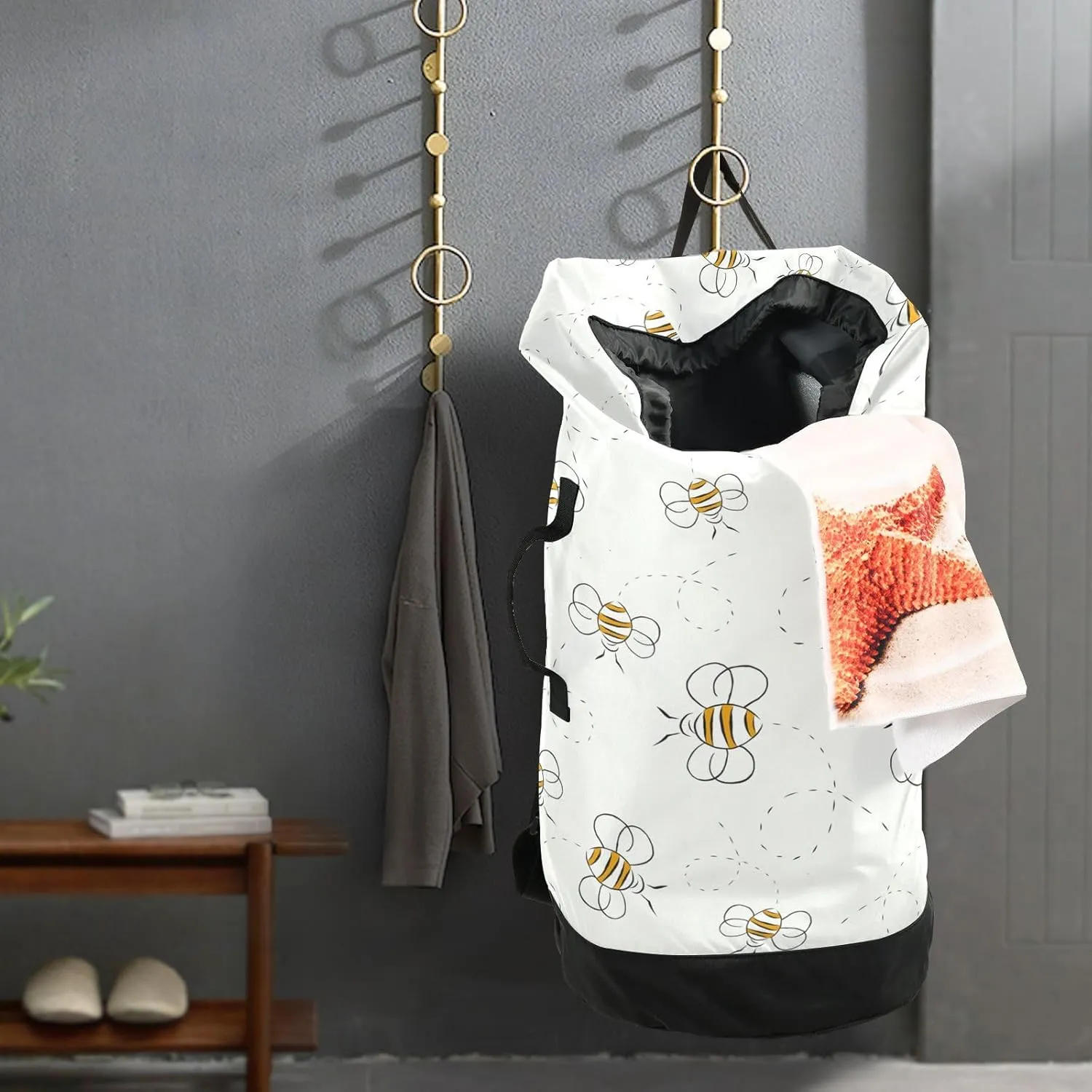 Laundry Backpack Laundry Bag with Adjustable Shoulder Straps Handle Dirty Laundry Bag for Traveling Camp College Dorm Heavy Duty Waterproof Large Capacity Bee