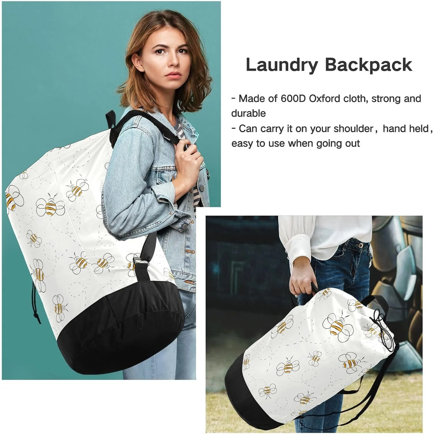 Laundry Backpack Laundry Bag with Adjustable Shoulder Straps Handle Dirty Laundry Bag for Traveling Camp College Dorm Heavy Duty Waterproof Large Capacity Bee