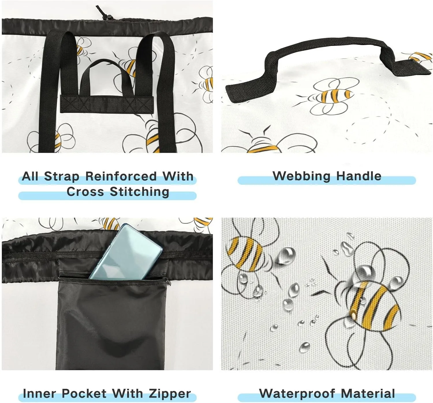 Laundry Backpack Laundry Bag with Adjustable Shoulder Straps Handle Dirty Laundry Bag for Traveling Camp College Dorm Heavy Duty Waterproof Large Capacity Bee