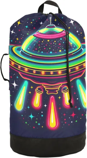 Laundry Bag Backpack Waterproof Beach Bag Clothes Hamper Bag Neon Ufo Spacecraft Large for Travel Camping Hiking Foldable Lightweight