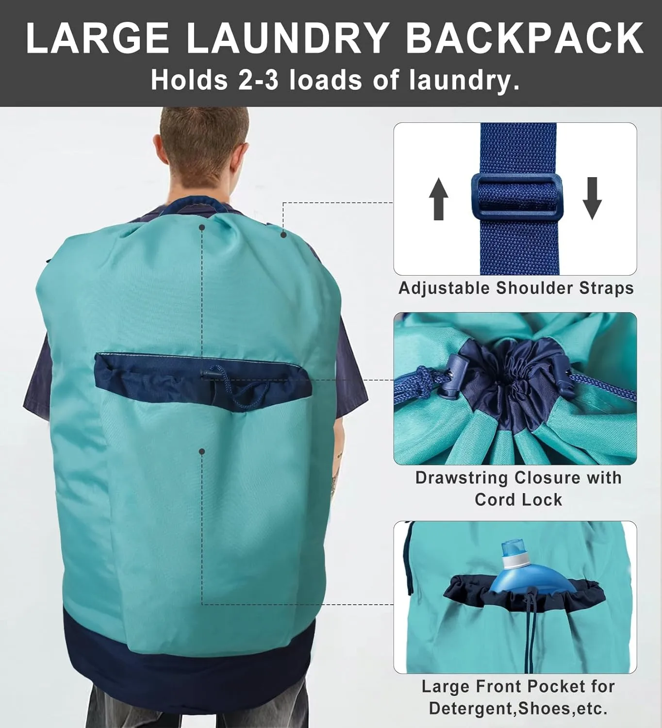 Laundry Bag Extra Large Heavy Duty, Laundry Backpack for College students, Travel Laundry Bags with Adjustable Strap, Dirty Clothes Hamper, College Dorm Room Essentials (Blue)